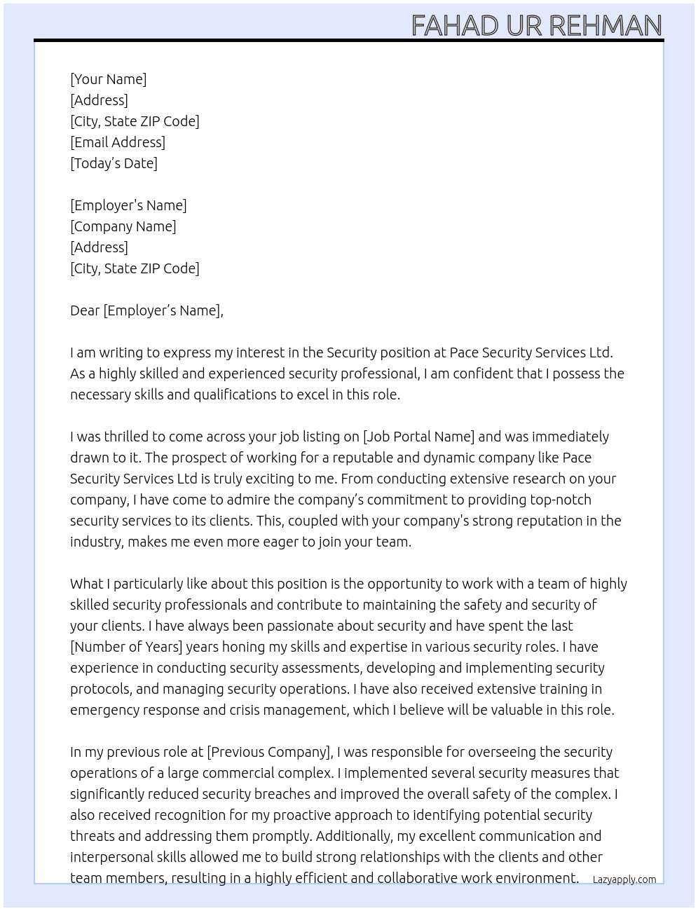 Security At Pace Security Seevices ltd Cover Letter