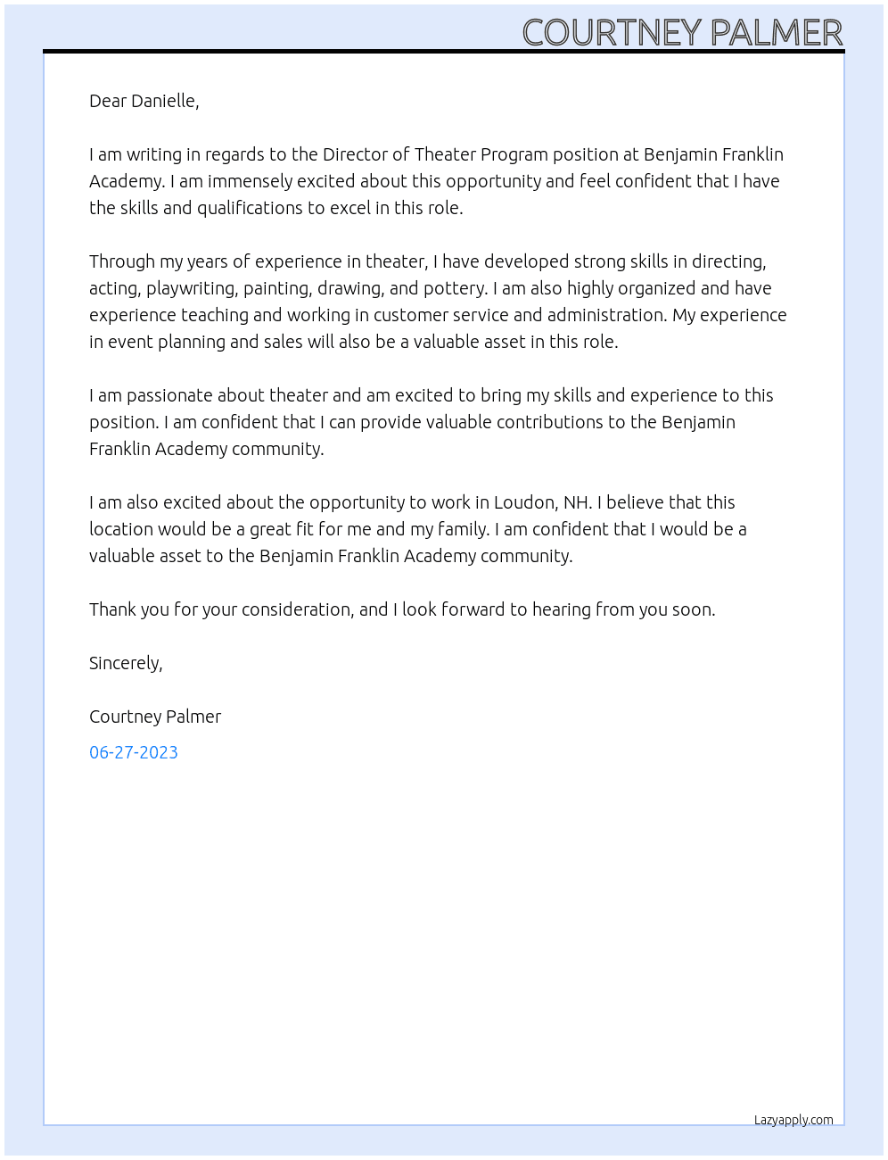 Director of Theater Program At Benjamin Franklin Academy, New Hampshire Cover Letter