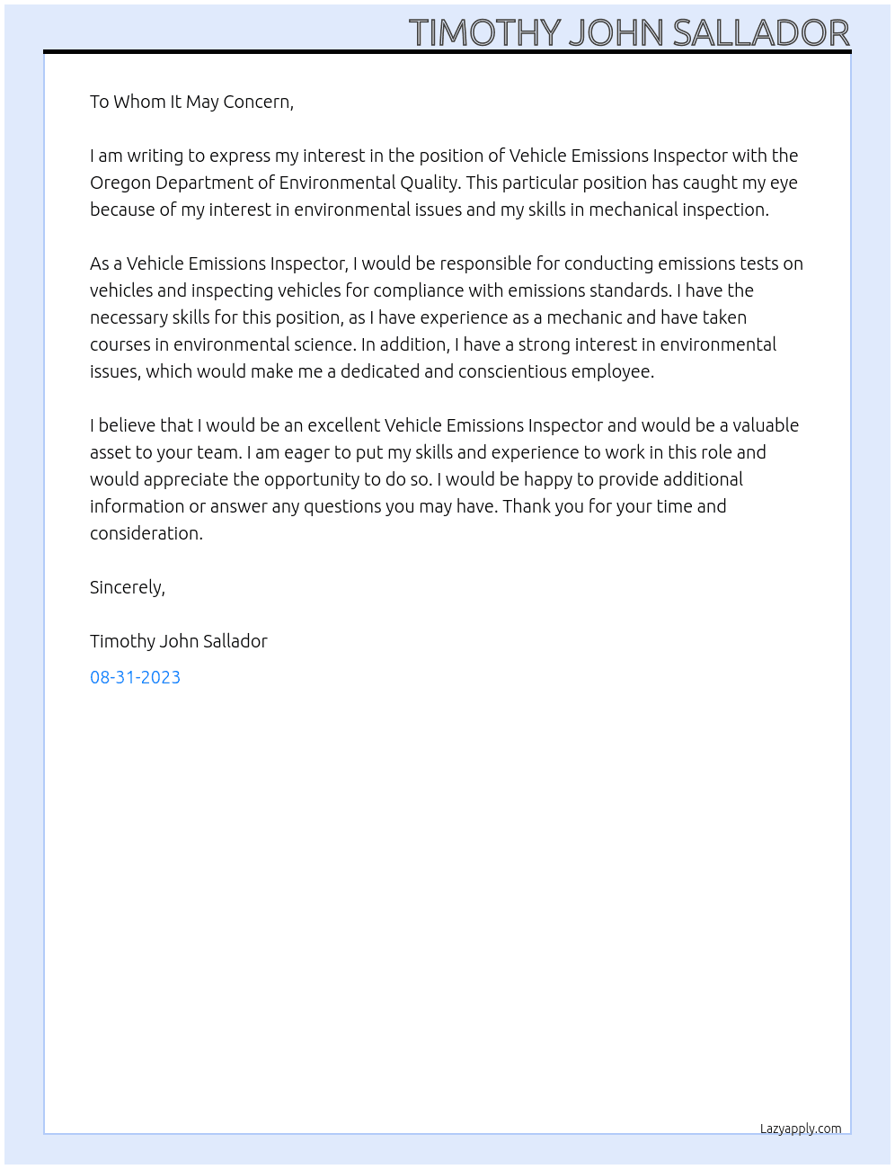 Vehicle Emissions Inspector At Oregon Department of Environmental Quality Cover Letter