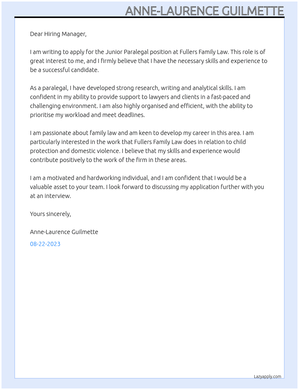 Junior Paralegal At Fullers Family Law Cover Letter