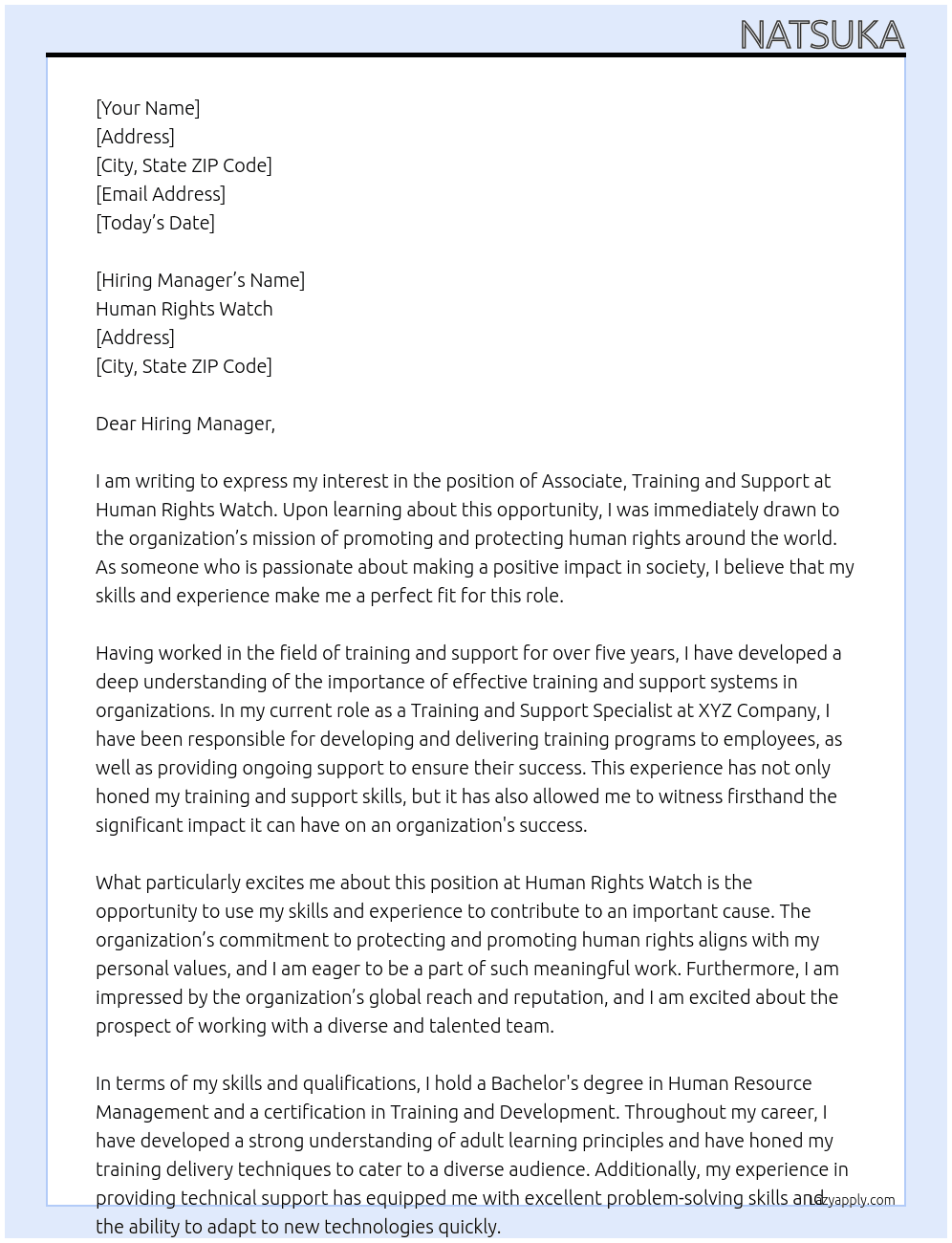 Associate, Training and Support  At Human Rights Watch Cover Letter