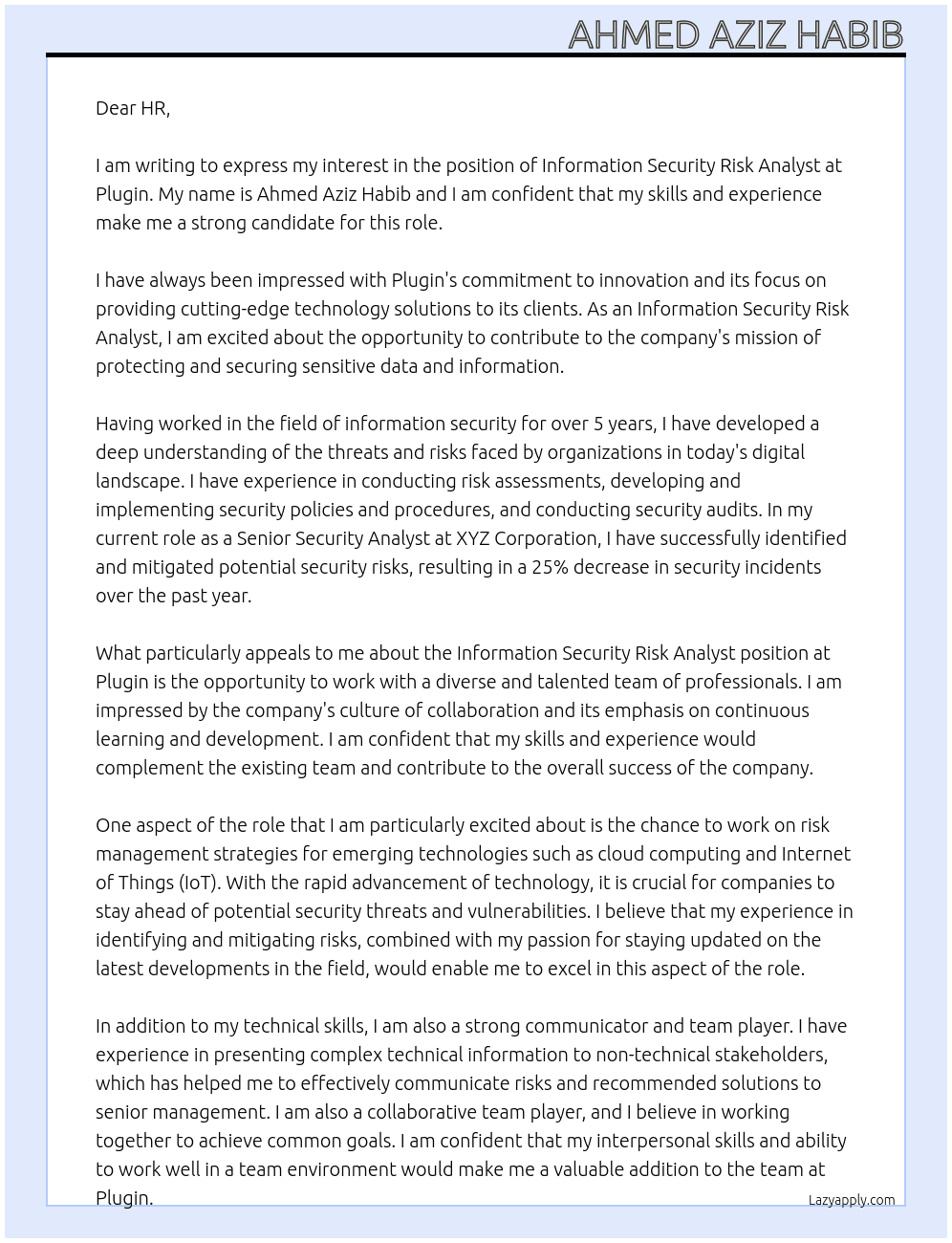 nformation Security Risk Analyst At plugin Cover Letter