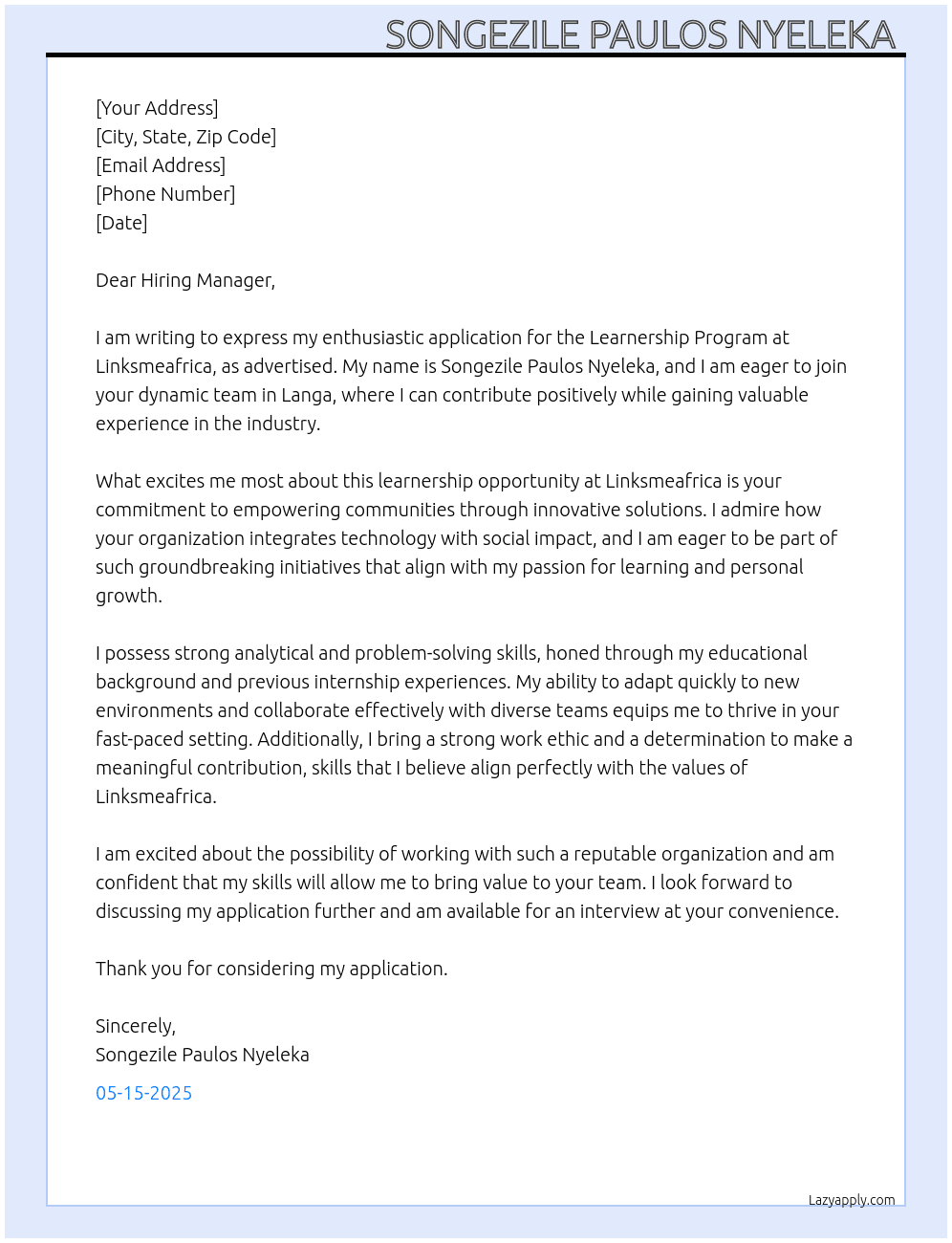 Learnership program  At Linksmeafrica Cover Letter