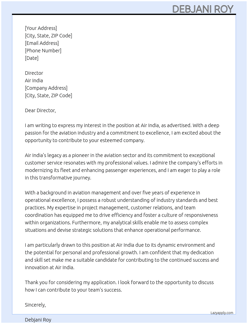 Cover letter for aviation industry - LazyApply