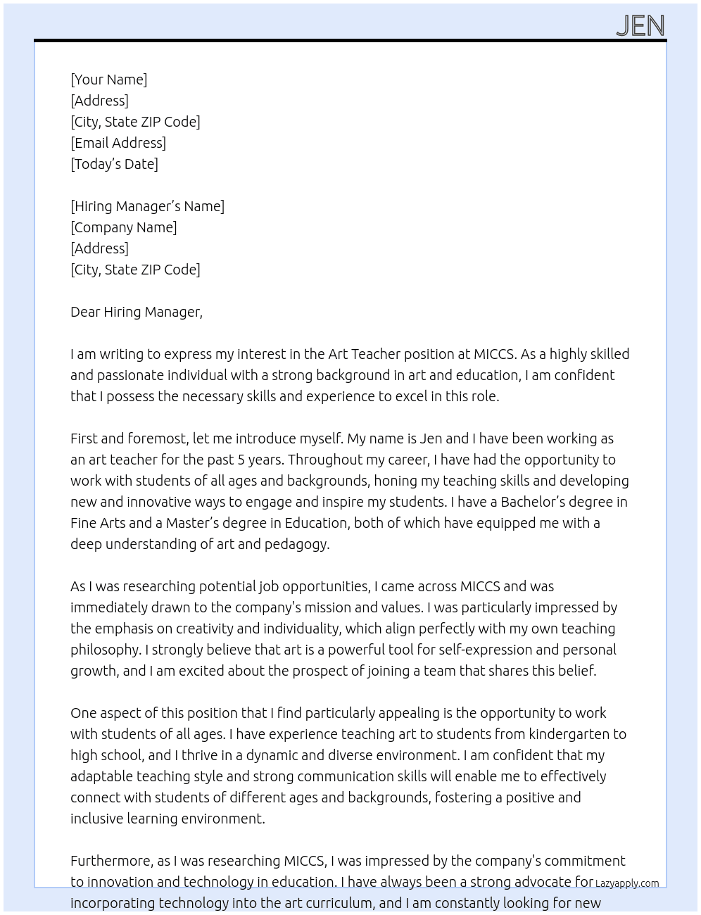 art teacher At MICCS Cover Letter