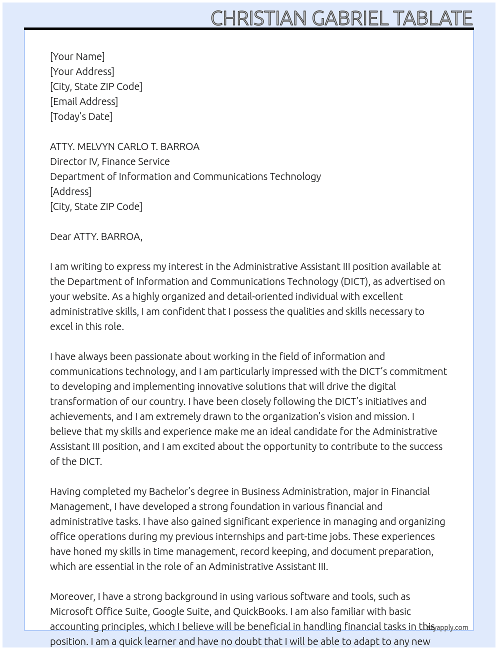 Administrative Assistant III  At DICT Cover Letter