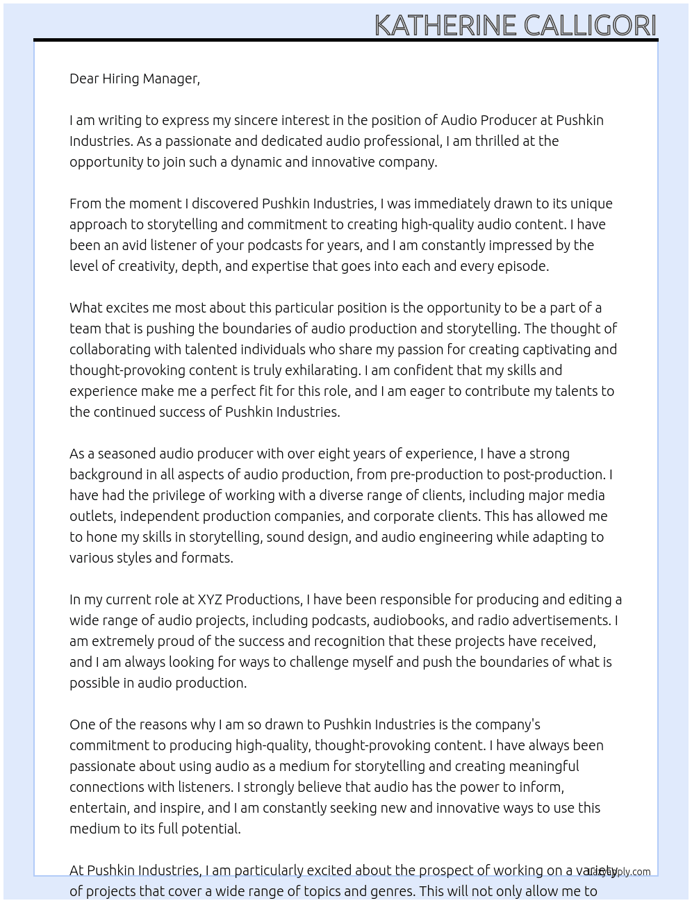 Audio Producer At Pushkin Industries Cover Letter
