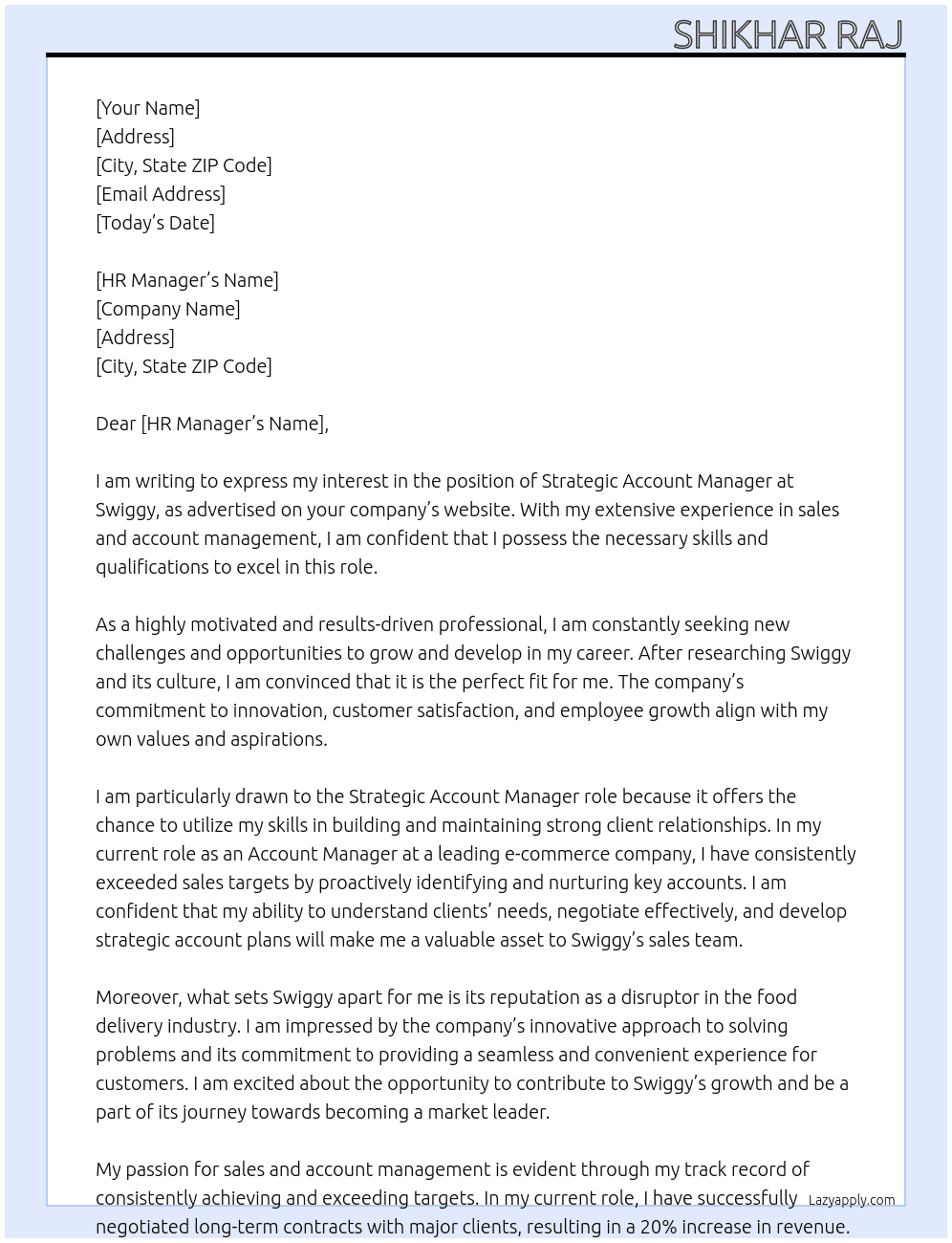 Strategic Account Manager At Swiggy Cover Letter