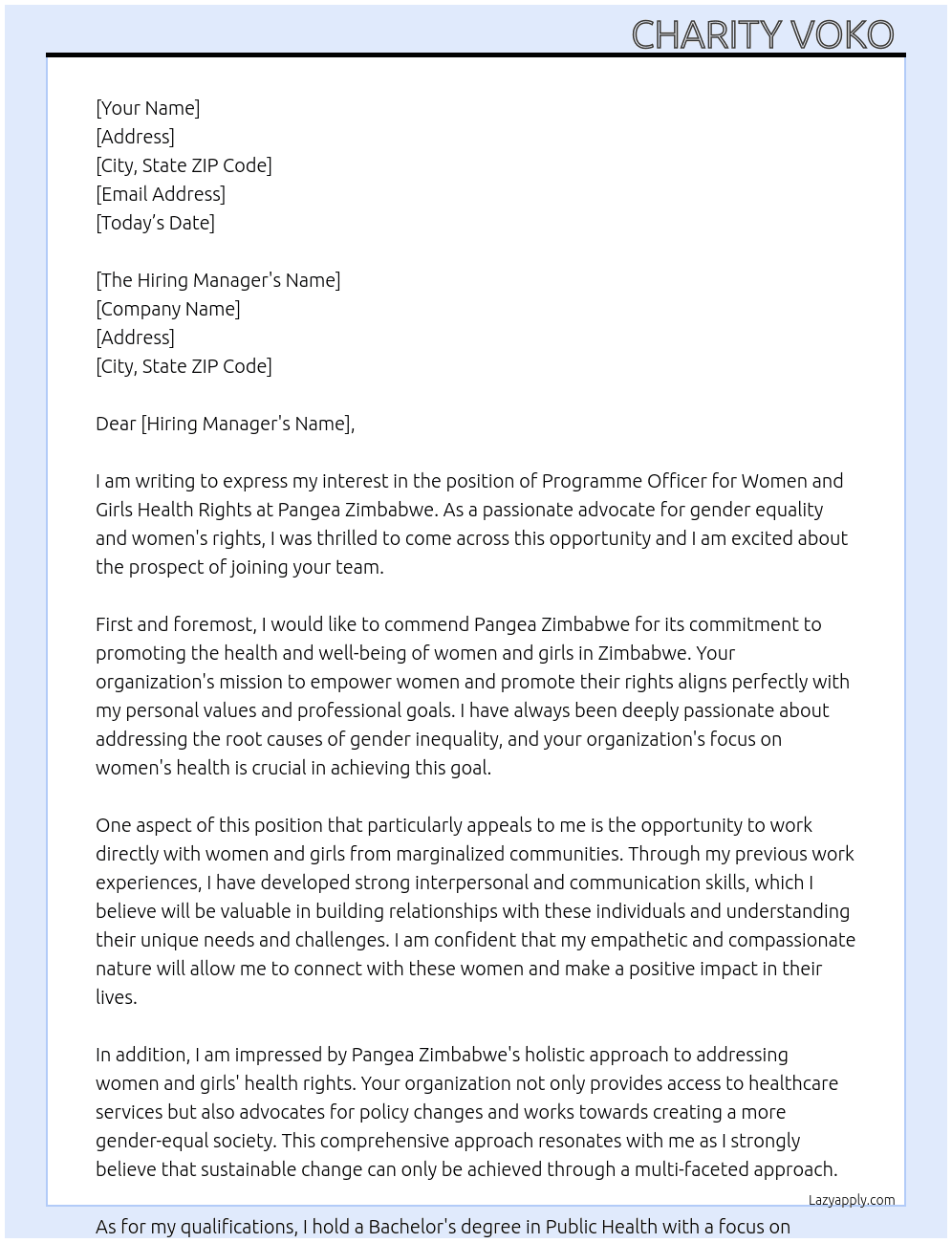 Programme Officers - Women and girls health rights At Pangea Zimbabwe  Cover Letter