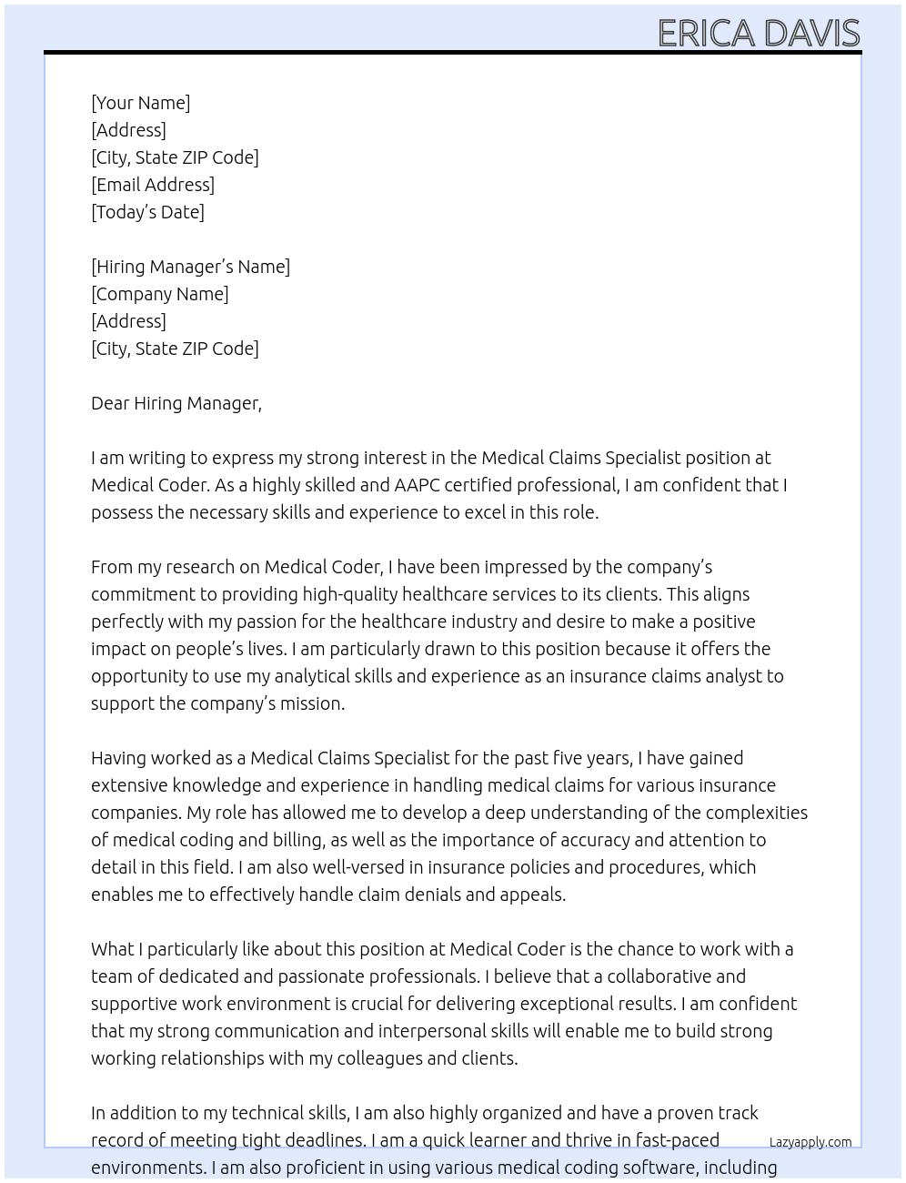 Medical claims specialist  At Medical Coder Cover Letter