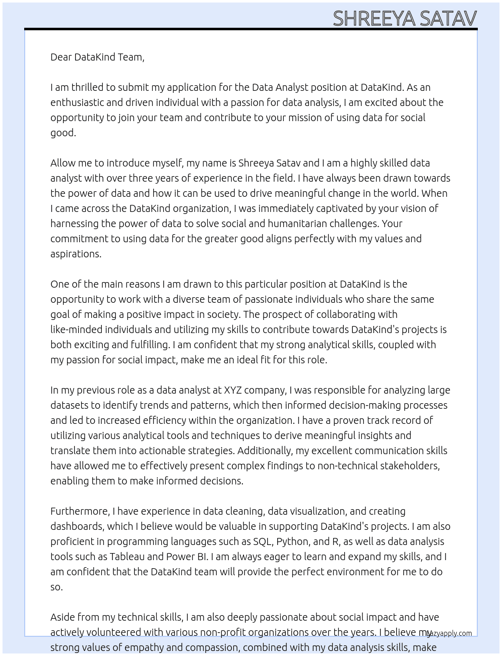 Data Analyst At DataKind Cover Letter