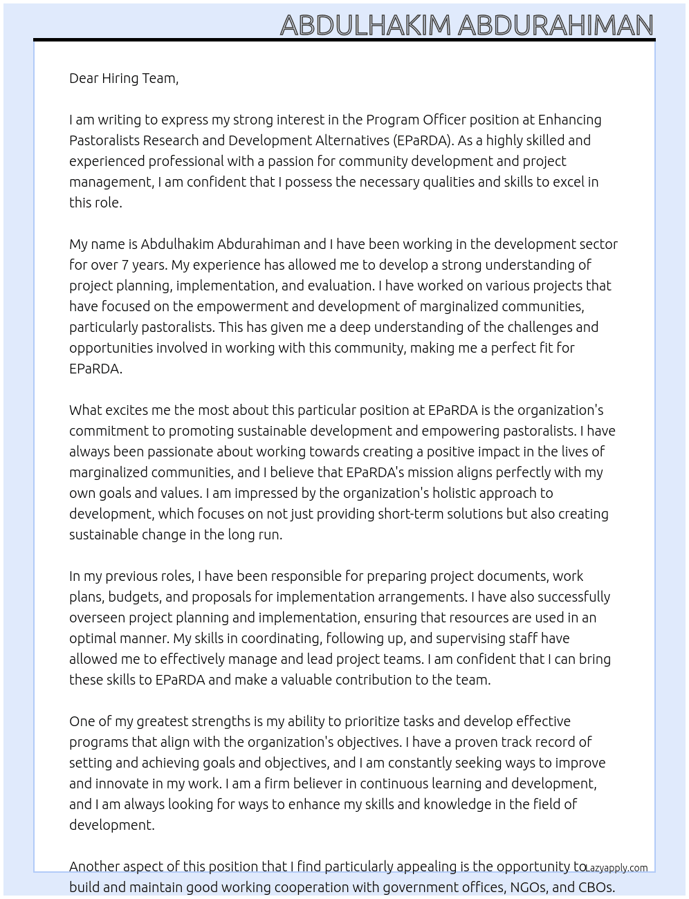 Program Officer  At Enhancing Pastoralists Research and Development Alternatives (EPaRDA) Cover Letter
