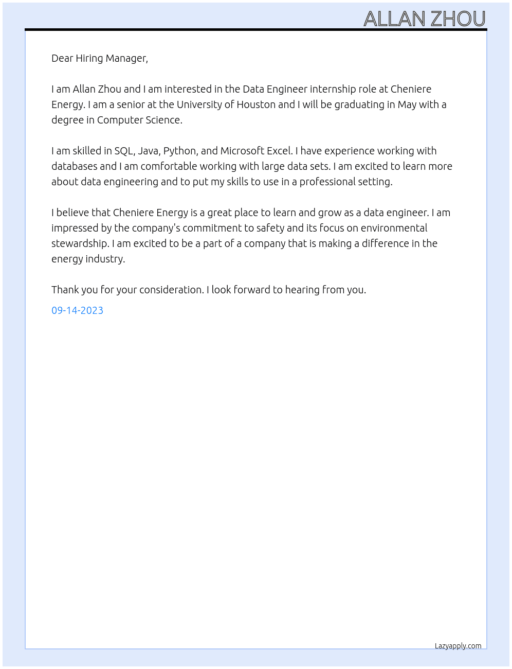 Data Engineer At Cheniere Energy Cover Letter