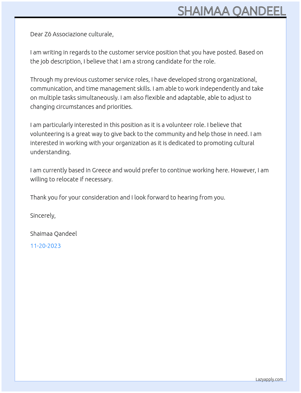 customer service  At Zō Associazione culturale Cover Letter