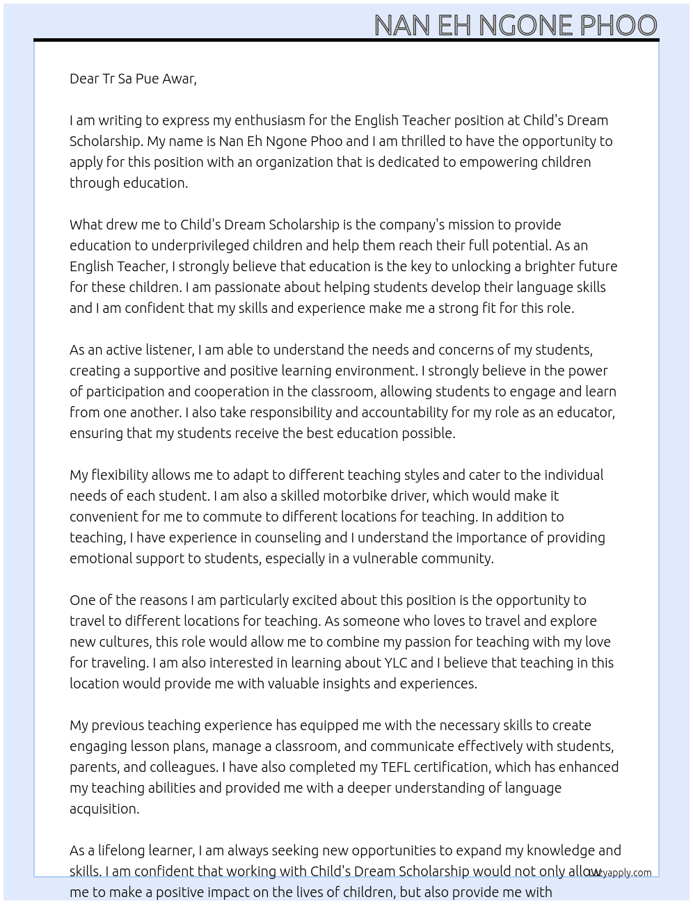 English Teacher At Child's Dream Scholarship  Cover Letter