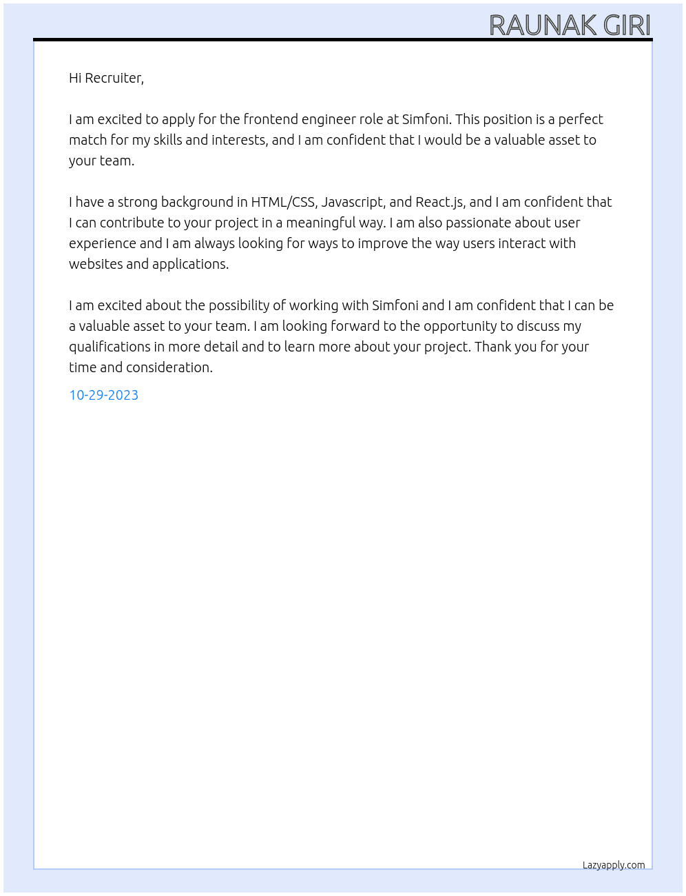 Frontend Engineer At Simfoni Cover Letter