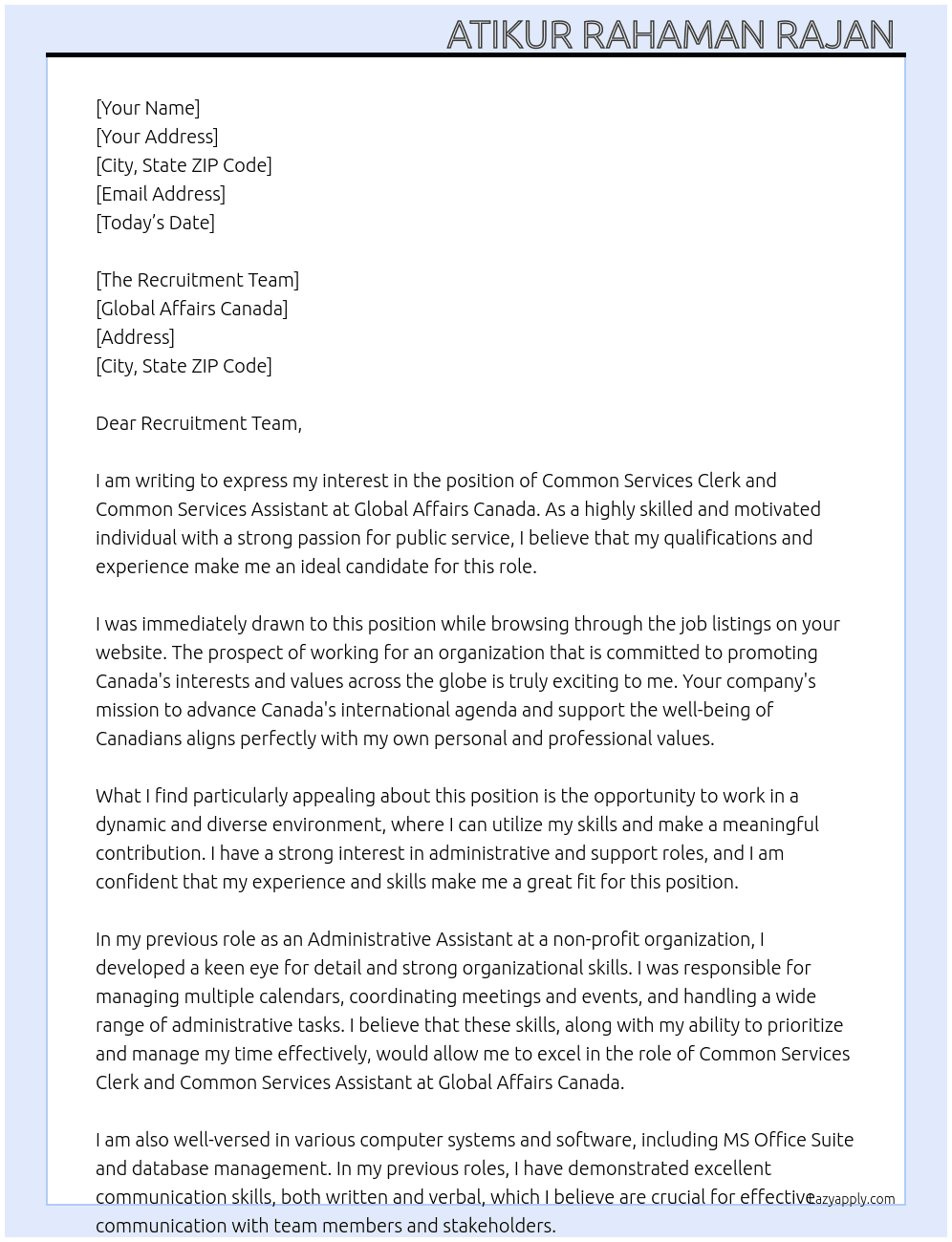 Common Services Clerk and Common Services Assistant At Global Affairs Canada  Cover Letter