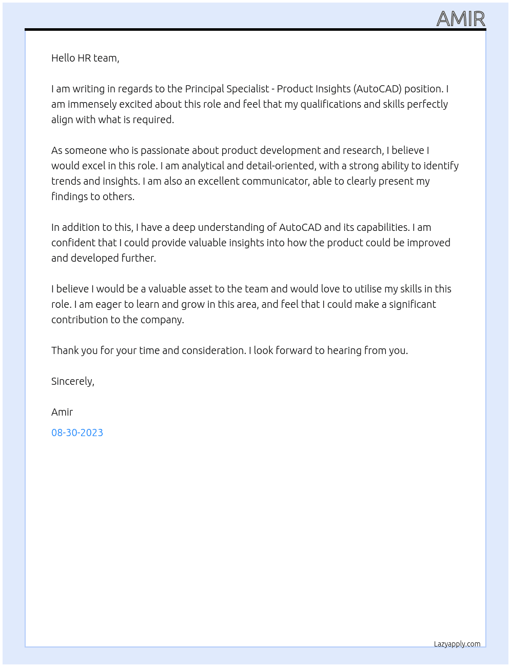 Principal Specialist - Product Insights (AutoCAD) At AutoCAD Cover Letter