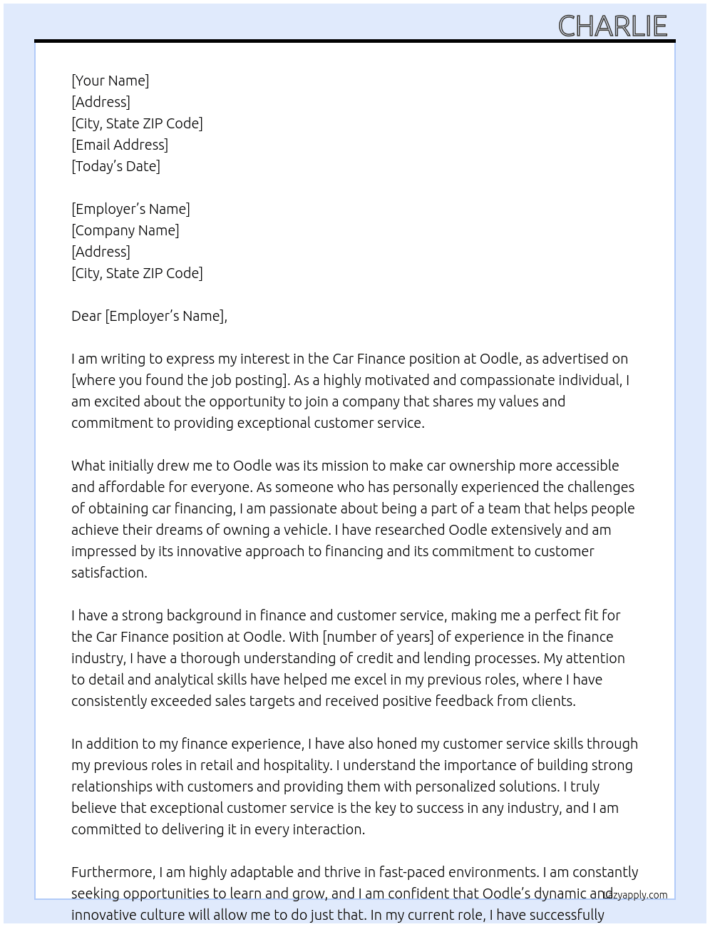 Car finance  At Oodle  Cover Letter