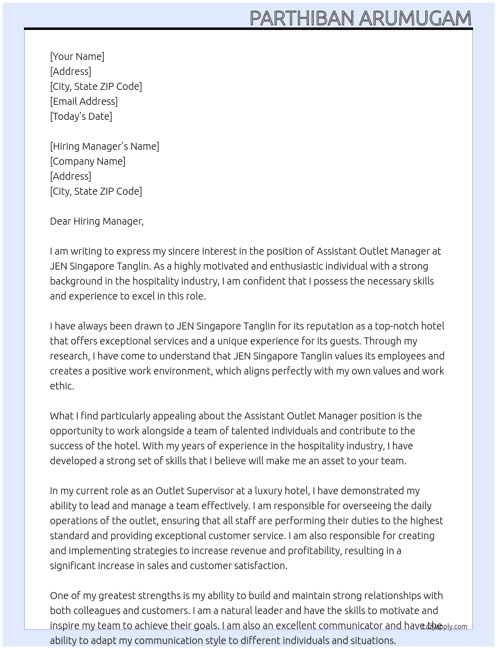 Assistant Outlet Manager At JEN Singapore Tanglin Cover Letter