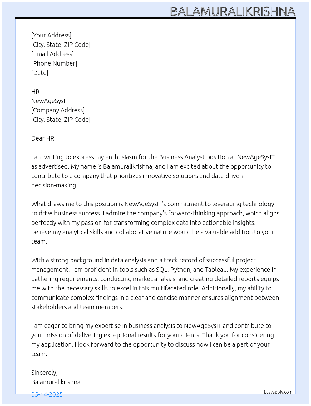 Business Analyst At NewAgeSysIT Cover Letter