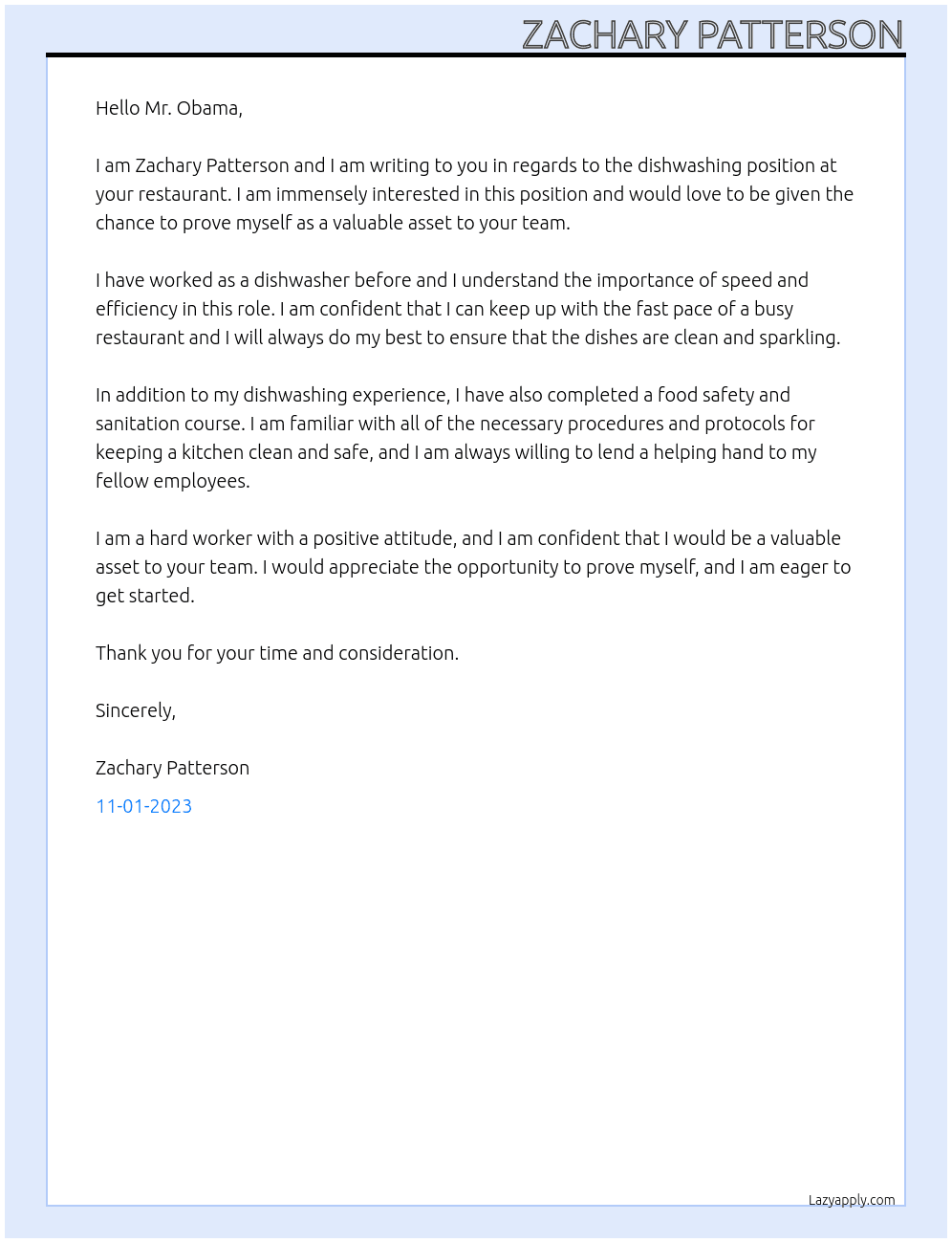 Dishwasher At Restaurant Cover Letter