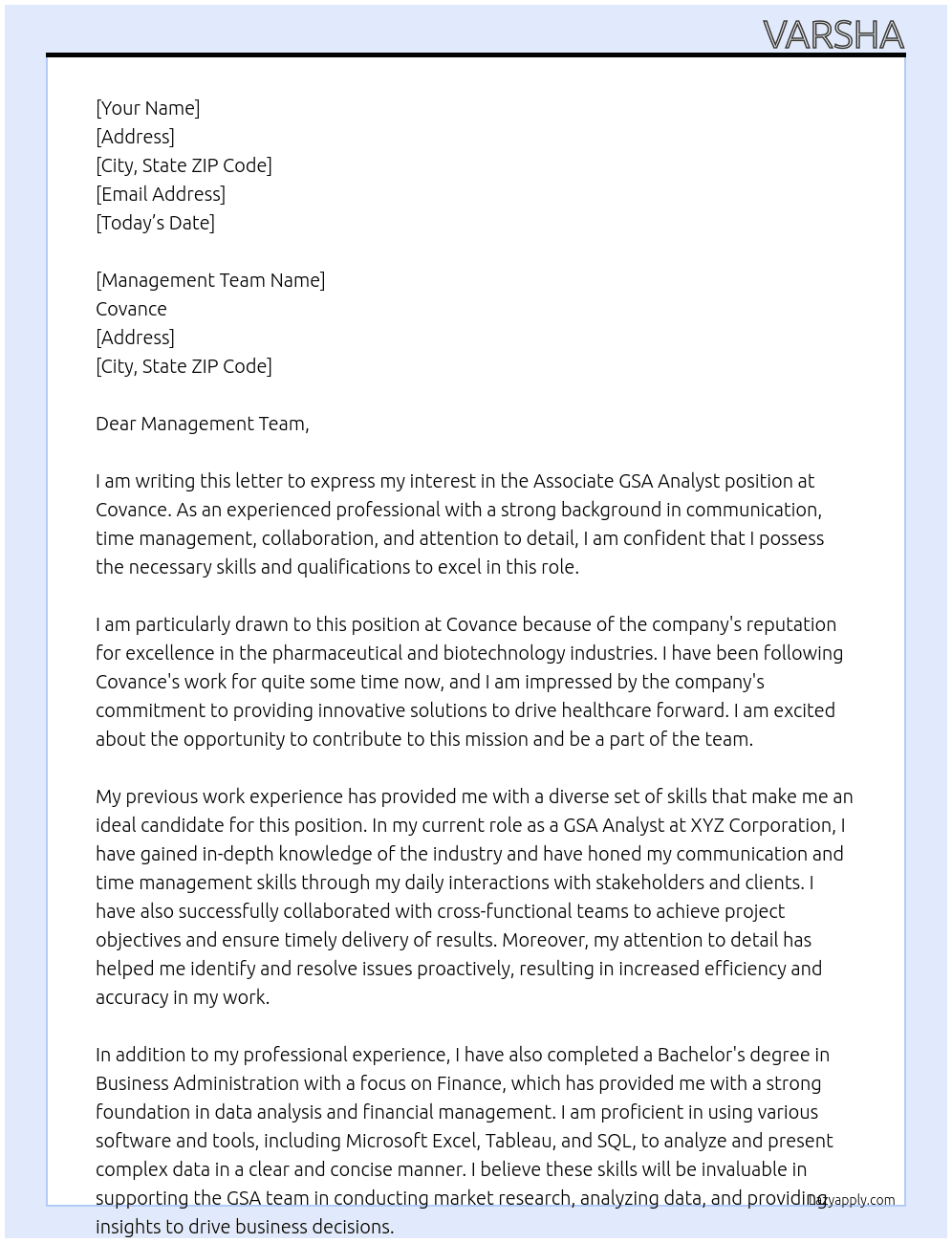 Associate GSA Analyst At Covance Cover Letter