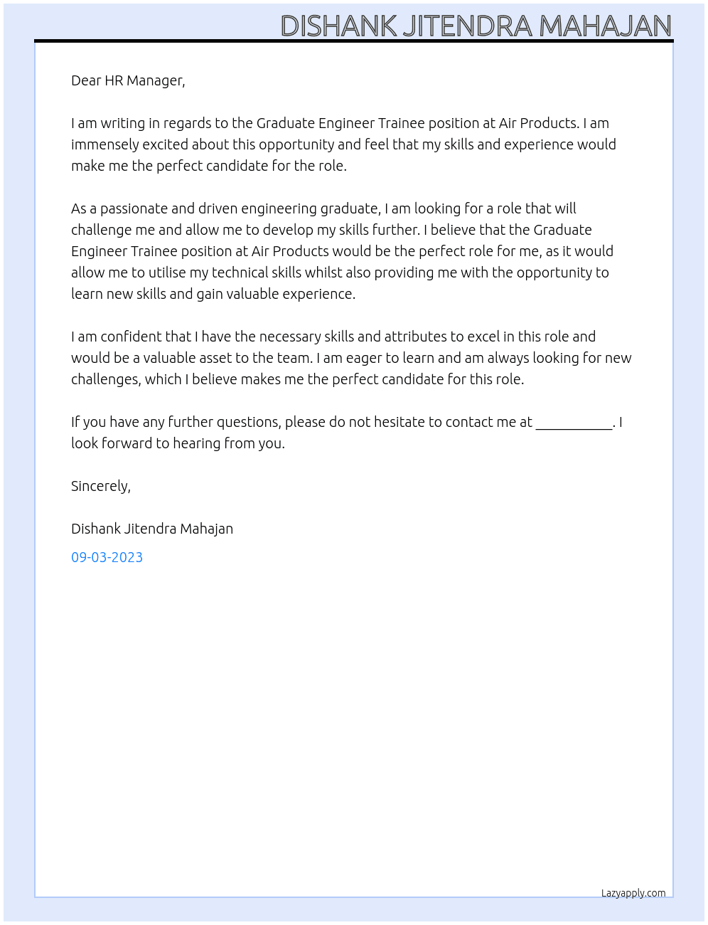 Graduate Engineer Trainee  At Air Products  Cover Letter