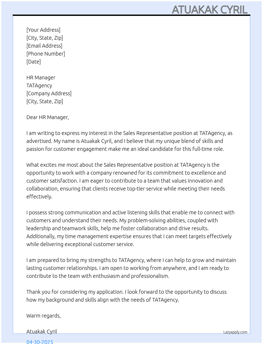 Sales Representative  At TATAgency Cover Letter