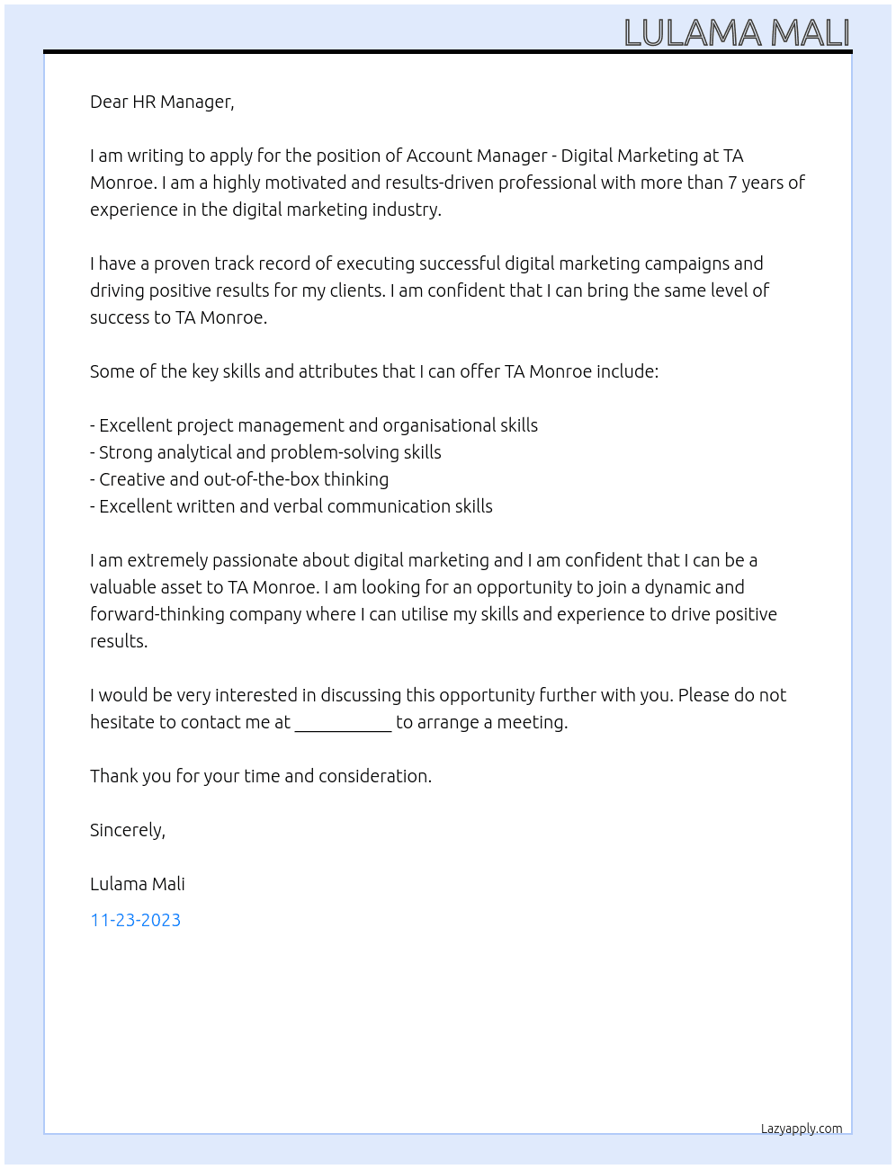 Account Manager - Digital Marketing At TA Monroe Cover Letter