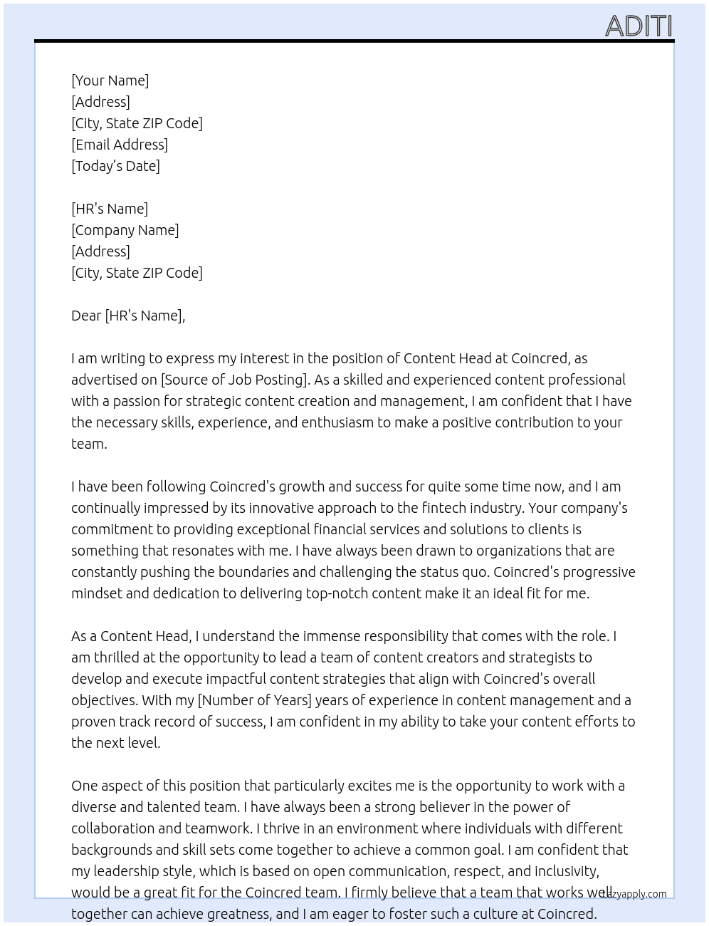 Content Head At Coincred Cover Letter