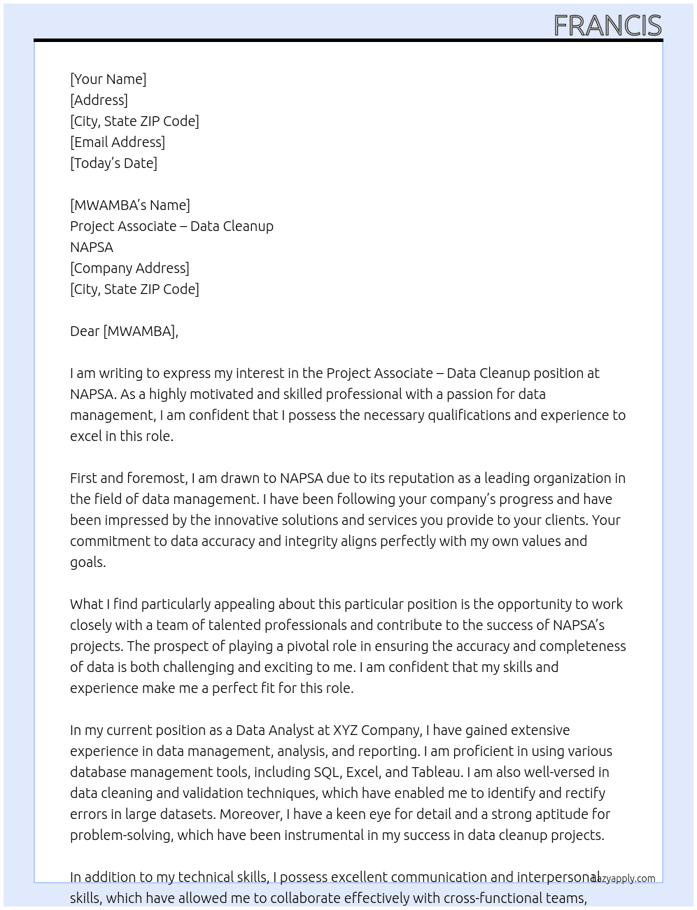 Project Associate – Data Cleanup At NAPSA Cover Letter