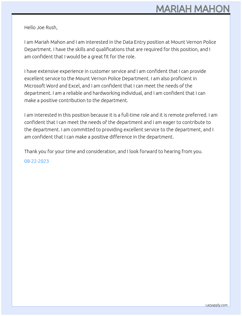 Data Entry At Mount Vernon Police Department Cover Letter