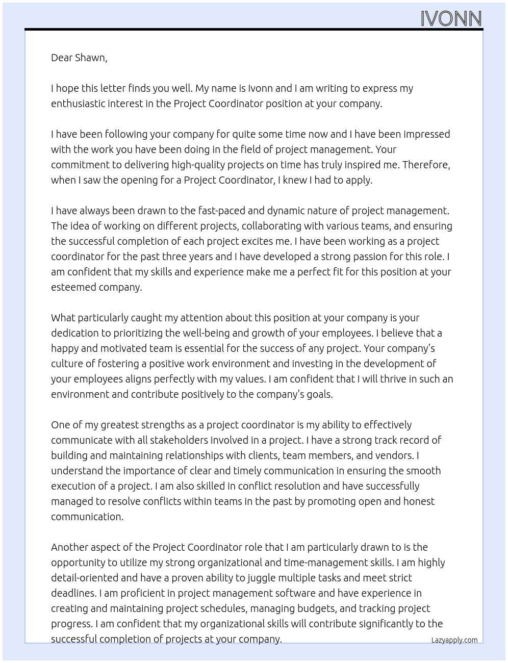 Project coordinator At Project coordinator Cover Letter