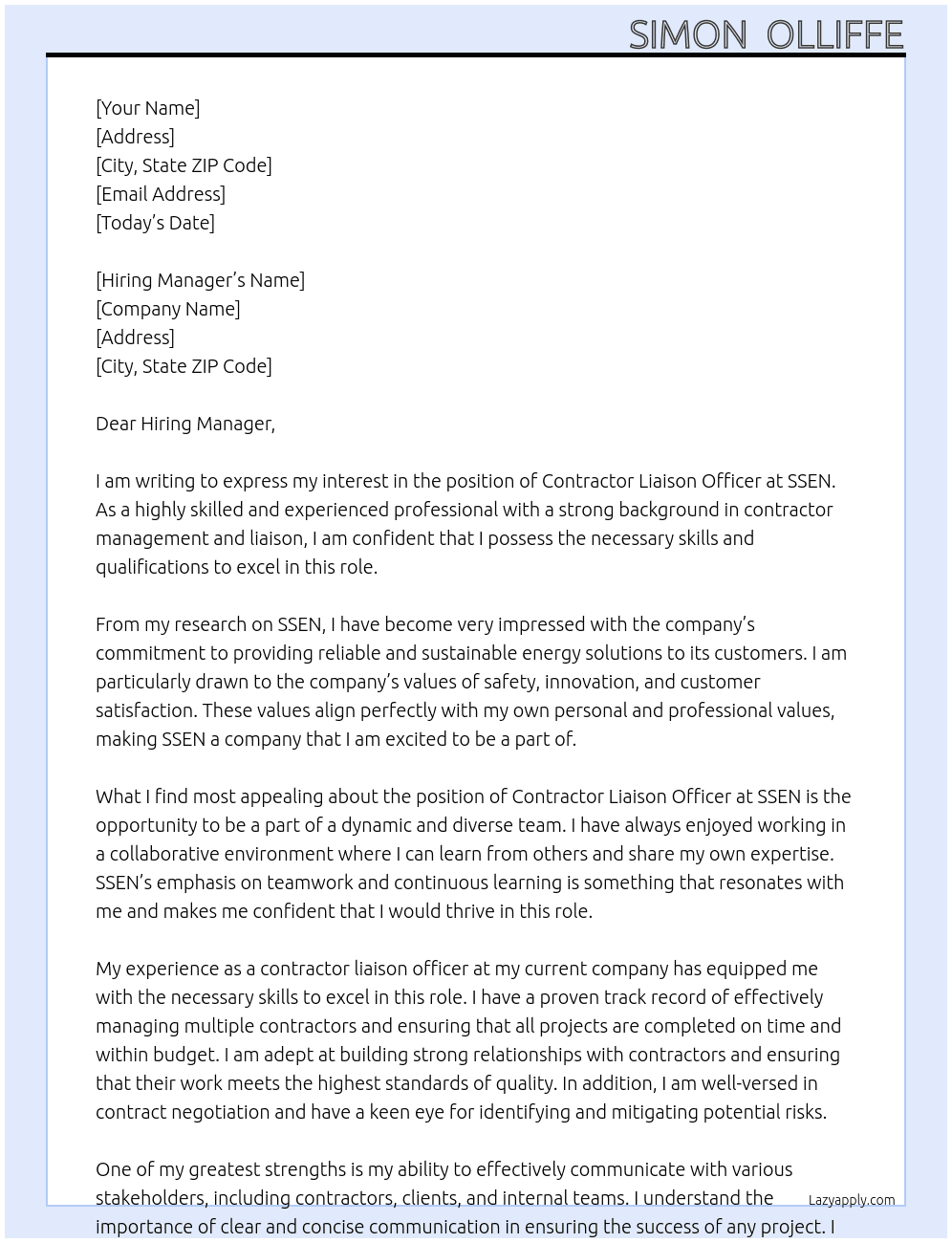 contractor liaison officer  At SSEN Cover Letter