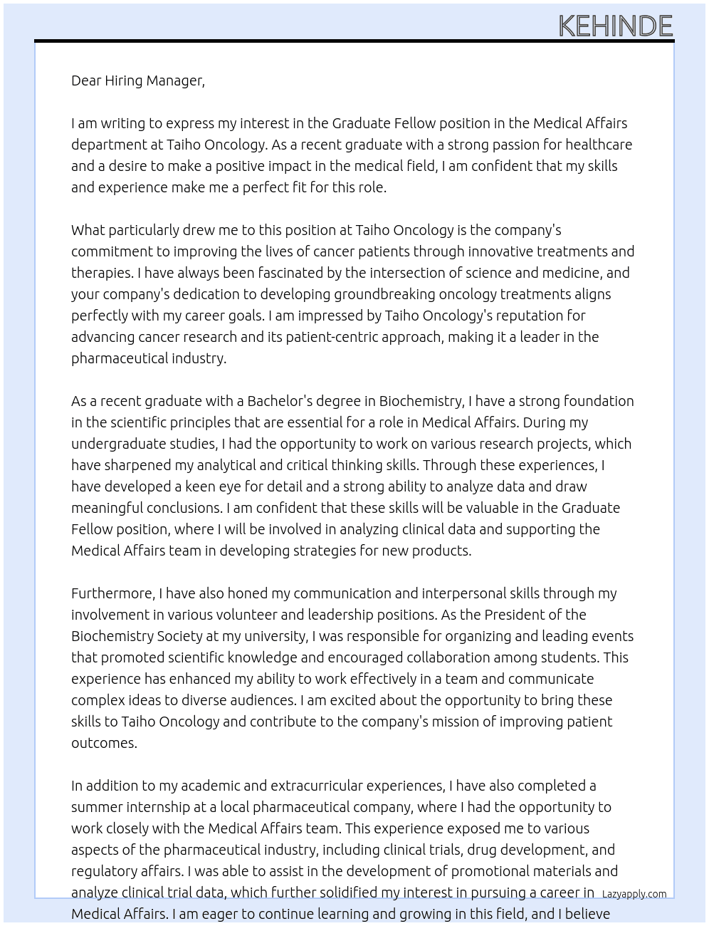 Graduate Fellow, Medical Affairs At 	Taiho Oncology Cover Letter