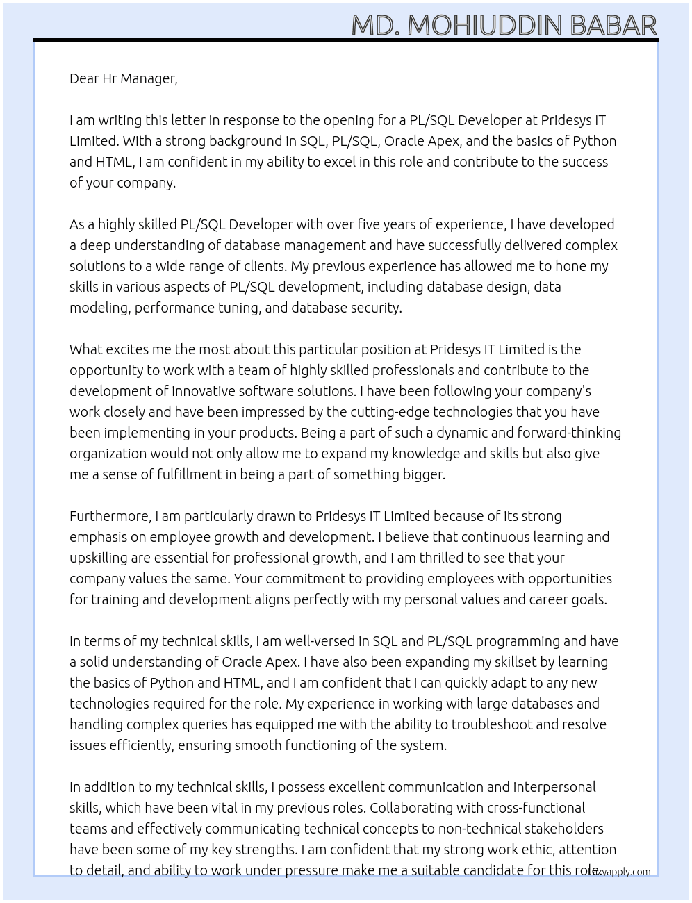 Cover letter for pl/sql developer - LazyApply