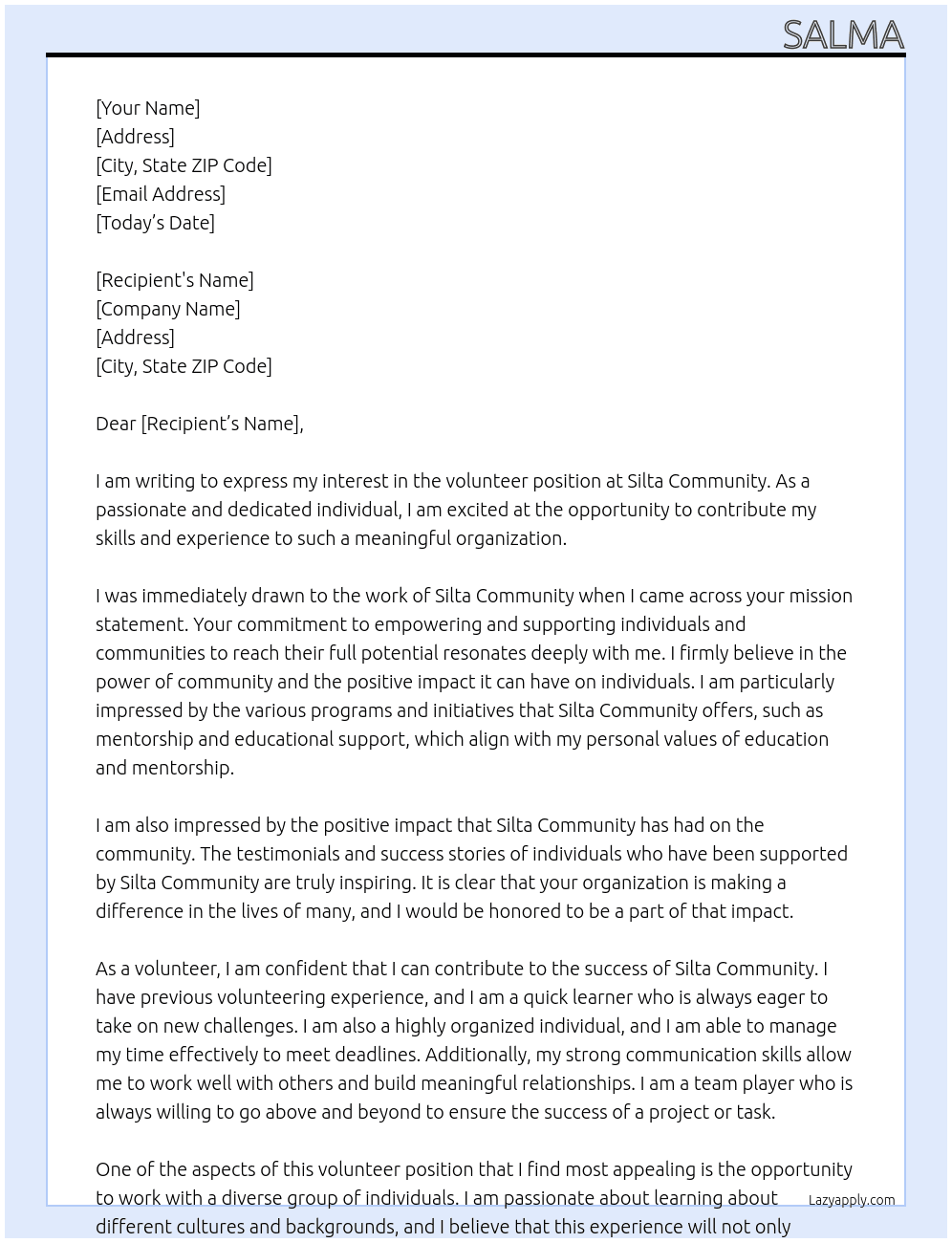 volunteer At Silta Community Cover Letter