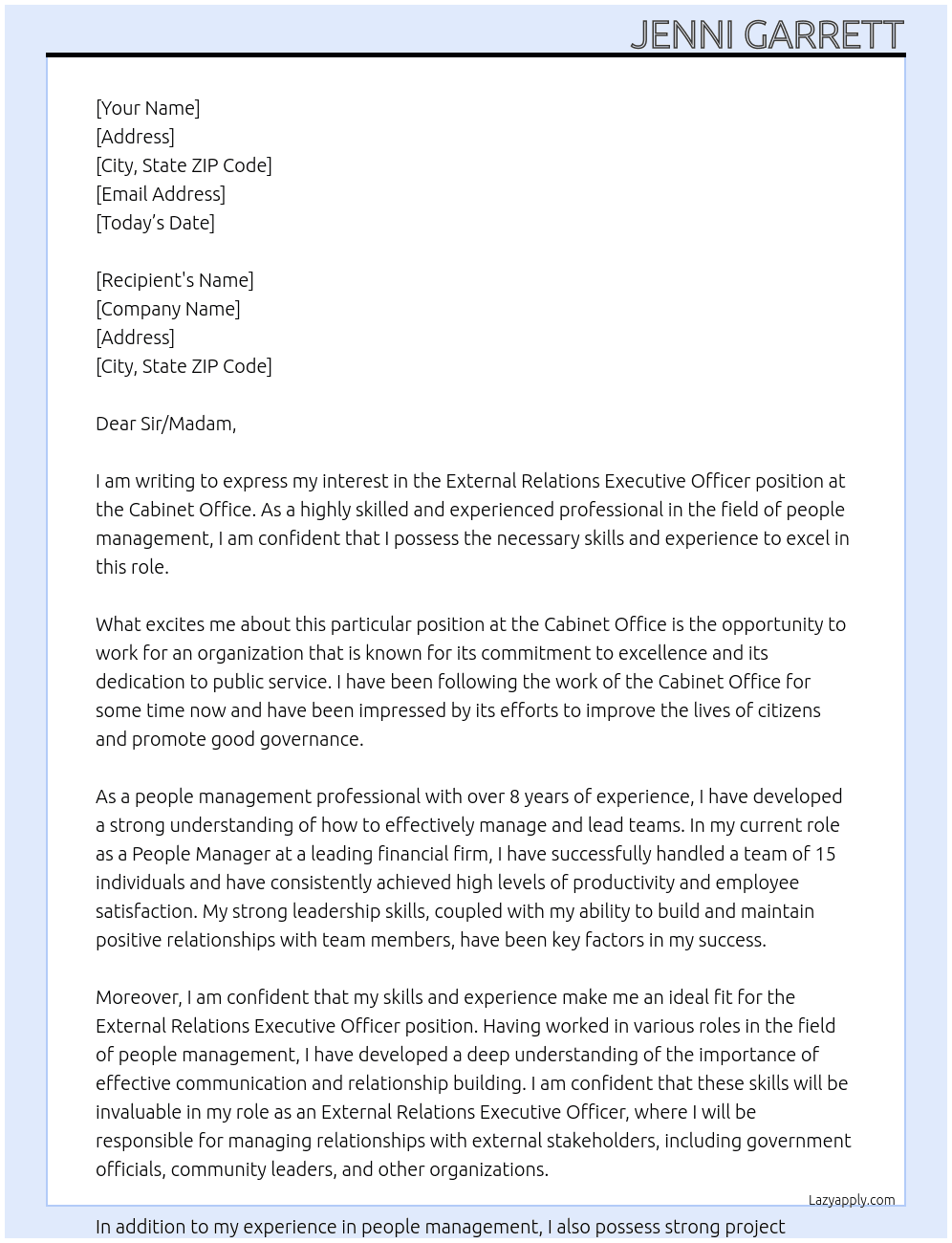 External Relations Executive Officer At Cabinet Office Cover Letter