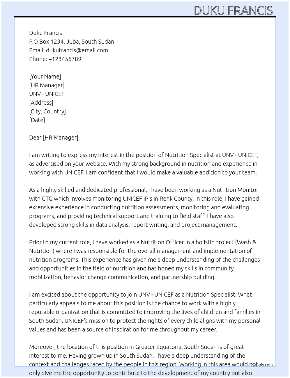 Nutrition specialist  At UNV - UNICEF Cover Letter