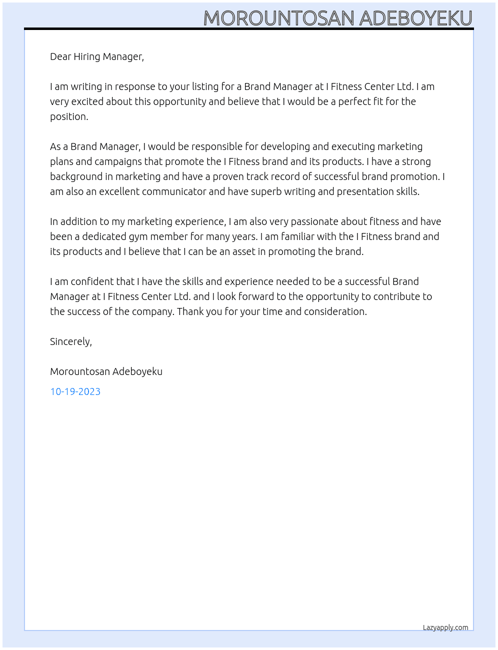 Brand Manager At I Fitness Center Ltd Cover Letter