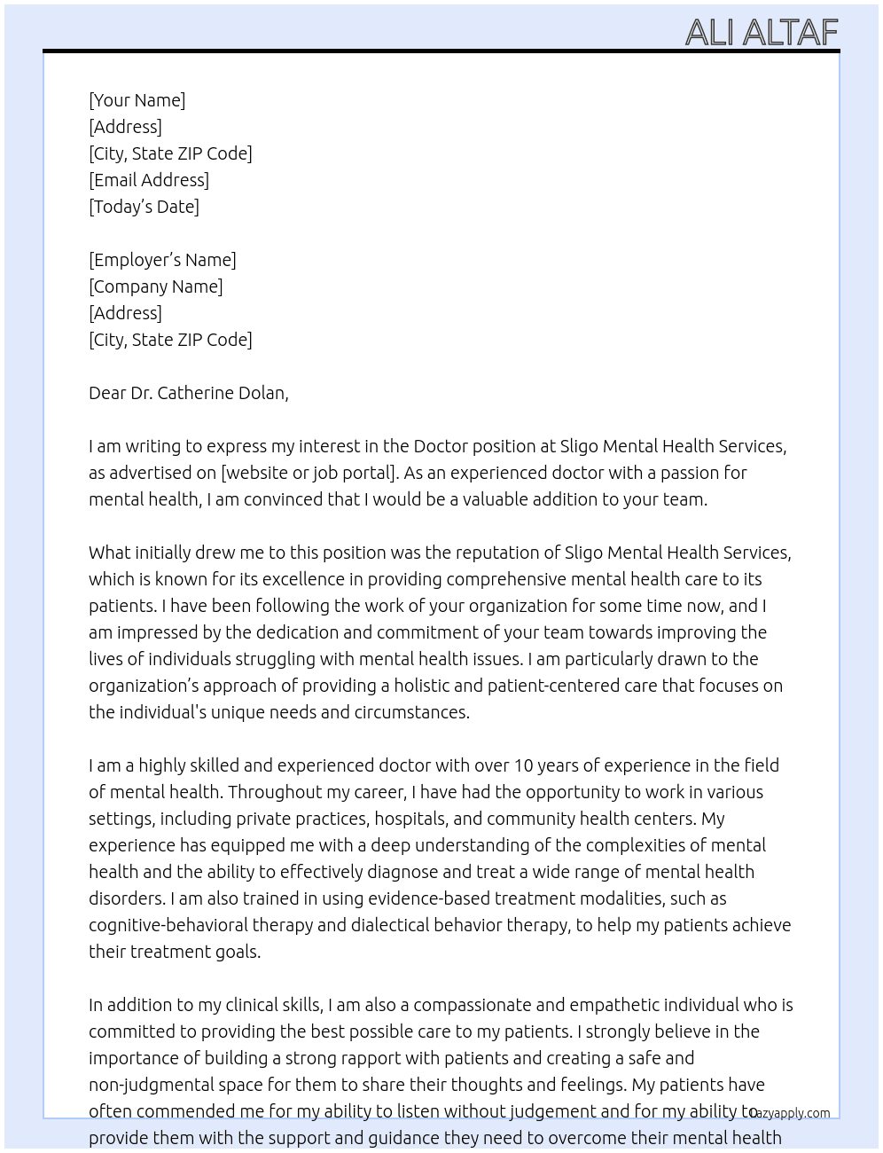 Doctor  At Sligo Mental Health Services  Cover Letter