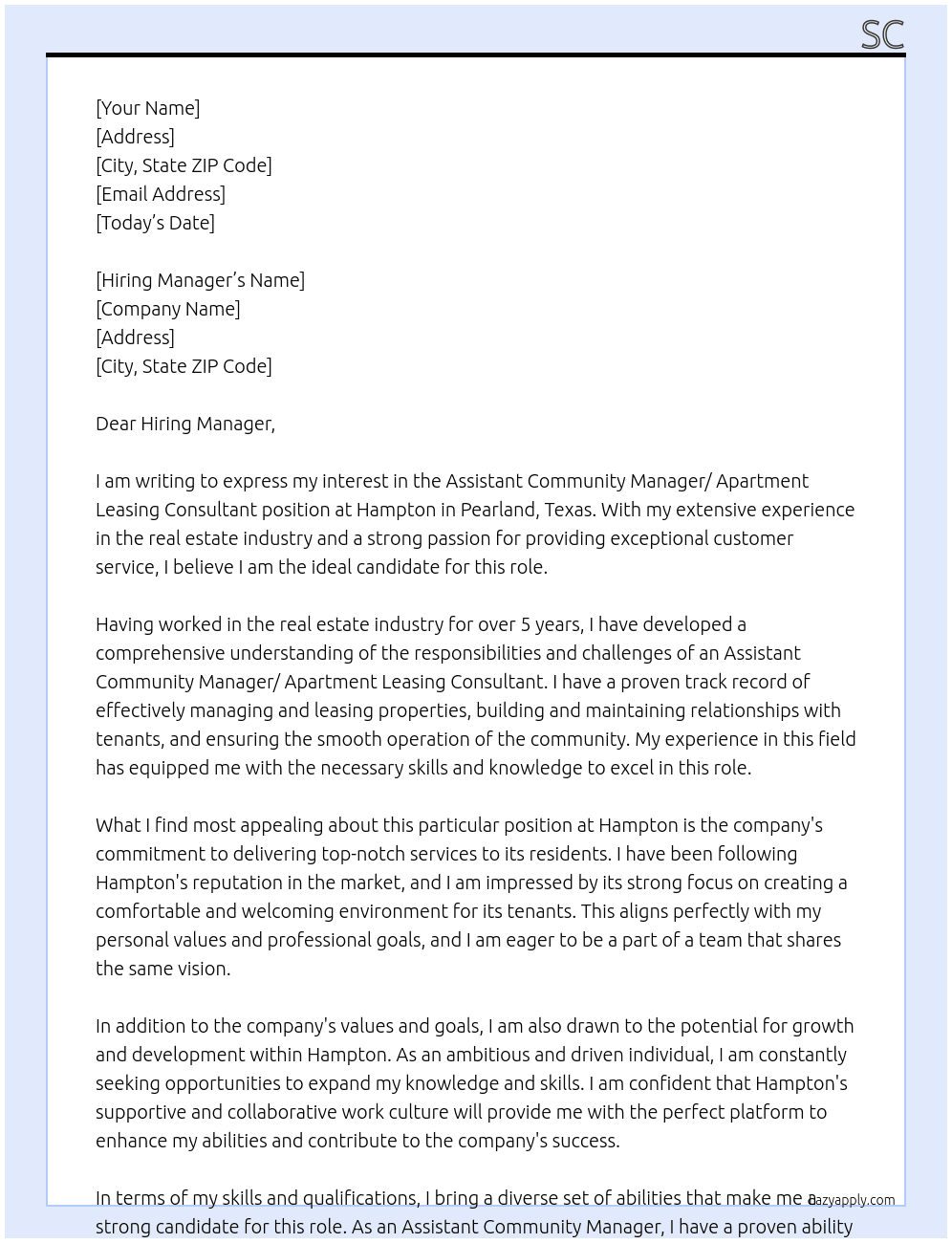 Assistant Community Manager/ Apartment Leasing Consultant At Hampton Cover Letter