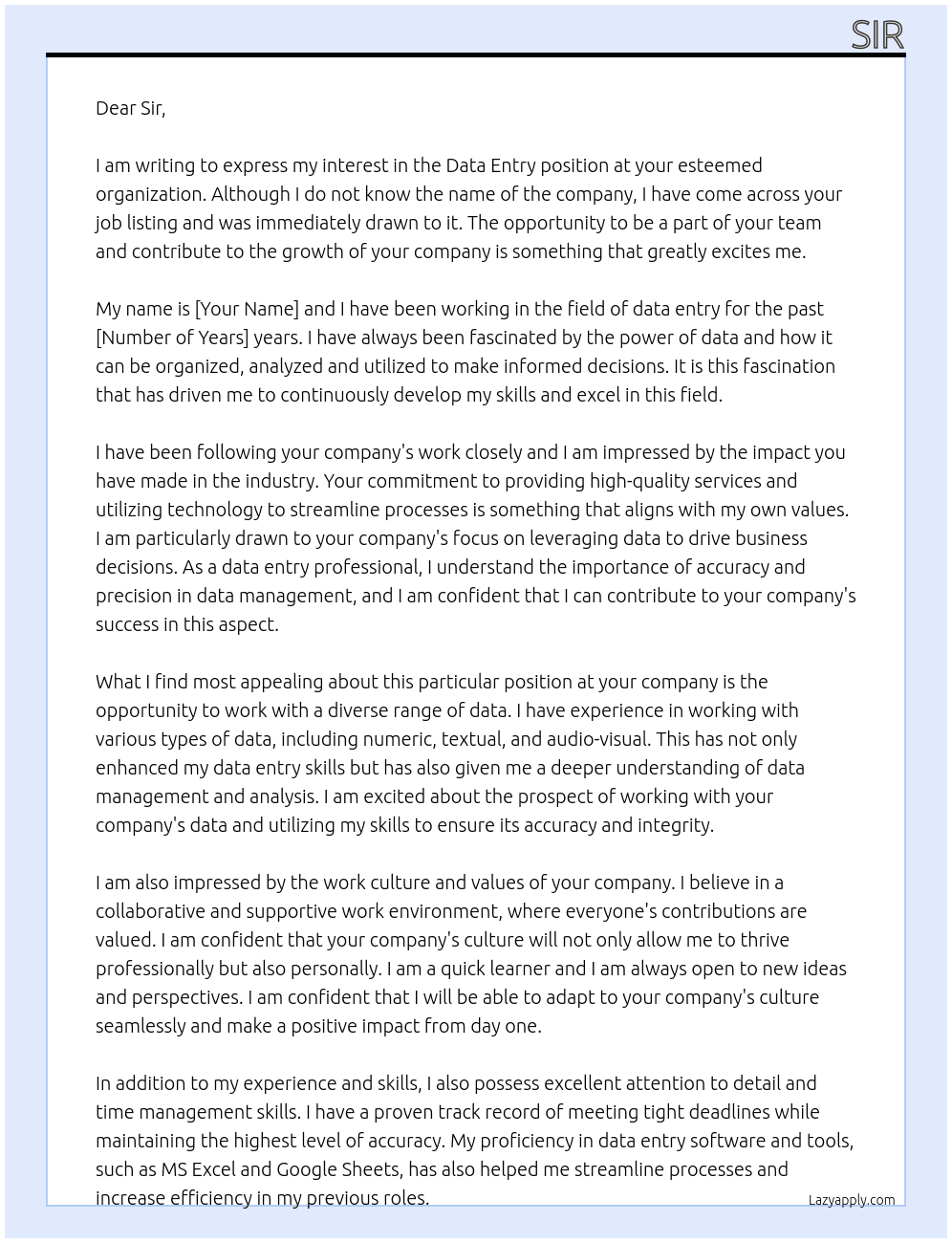 data entry At unkonwn Cover Letter
