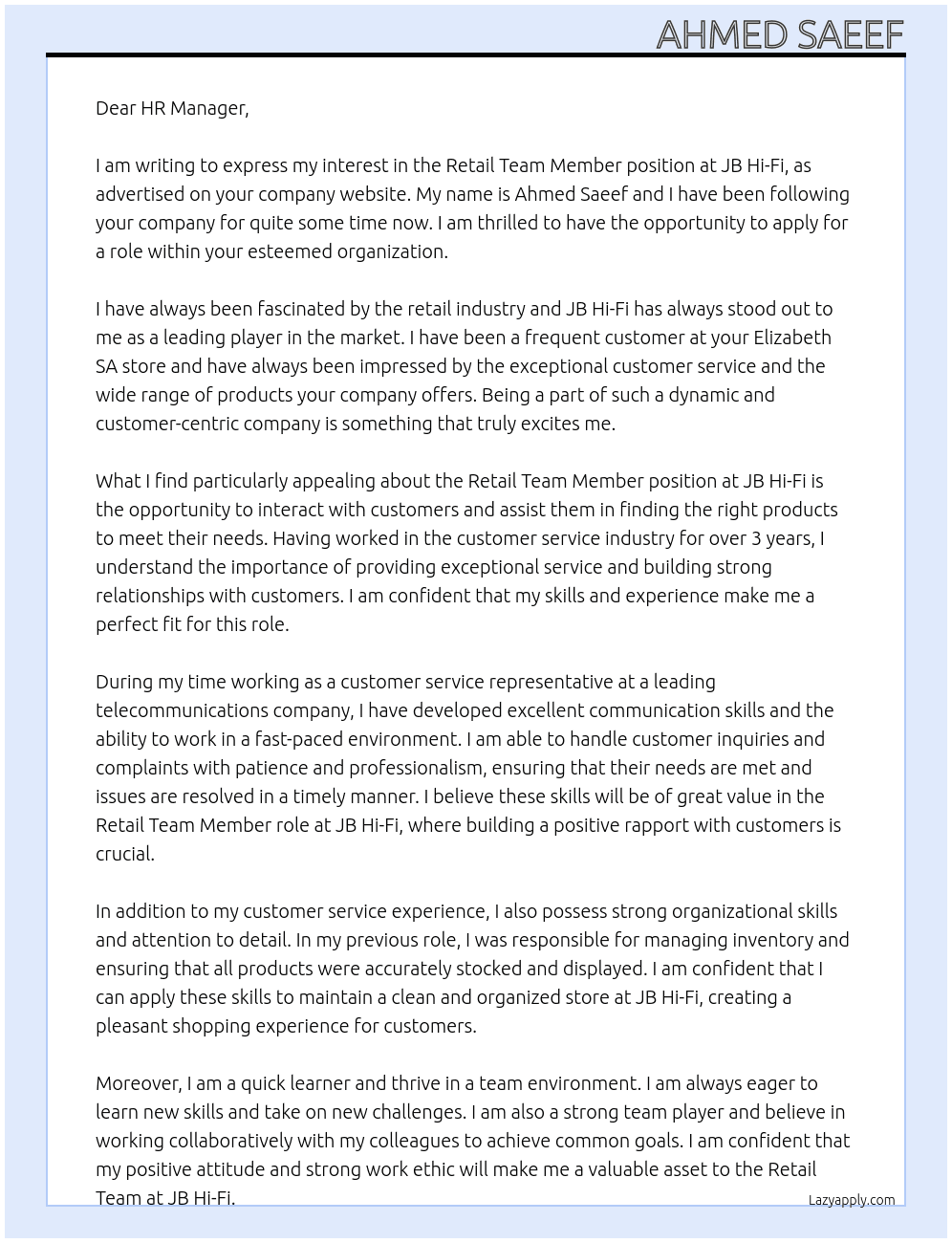 Retail Team Member At JB Hi-Fi Cover Letter