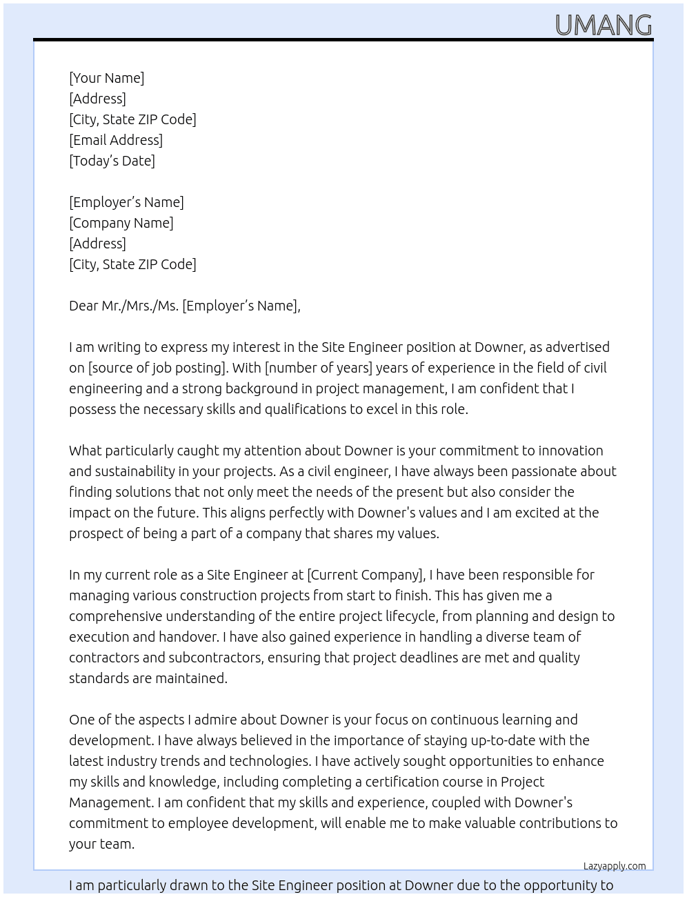 Site engineer At Downer Cover Letter