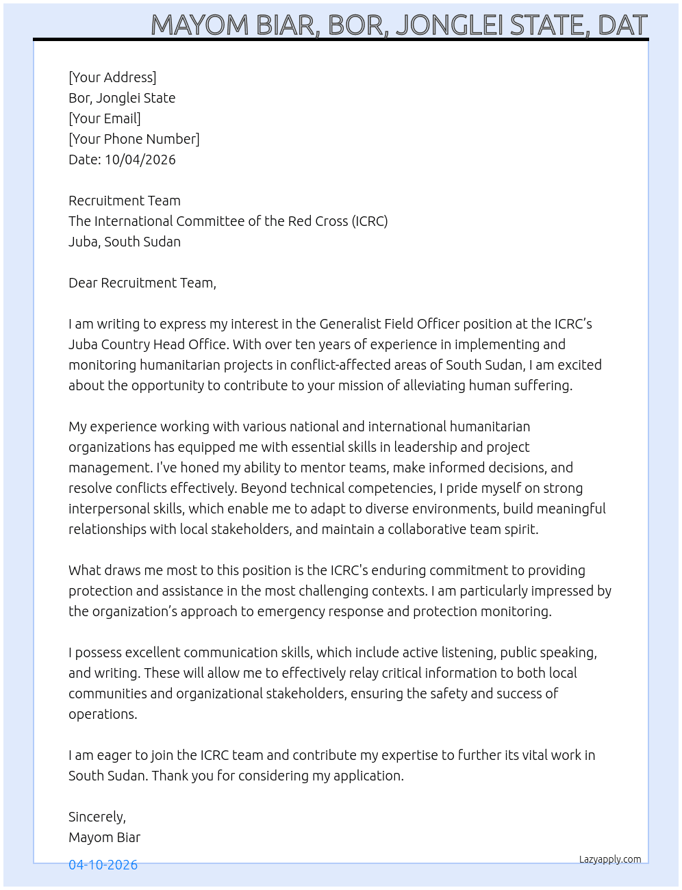 Cover letter for generalist field officer - LazyApply
