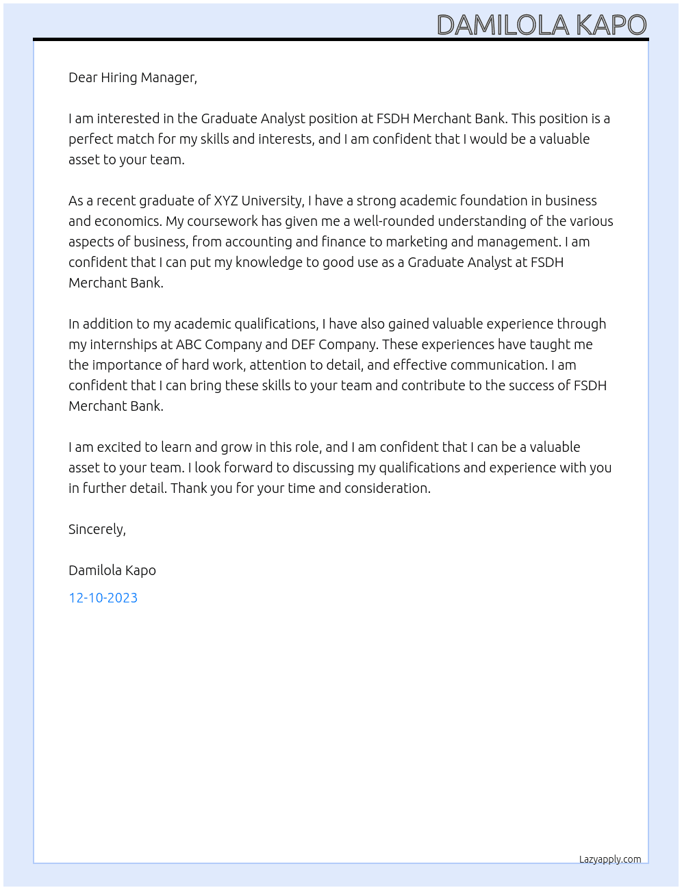 Graduate Analyst At FSDH Merchant Bank Cover Letter