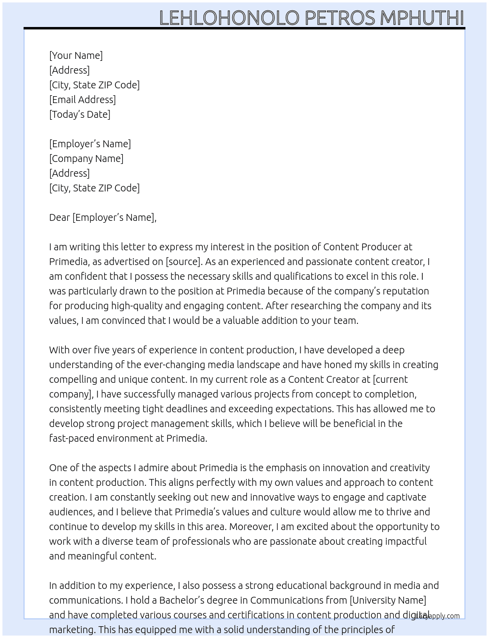 Content Producer At Primedia  Cover Letter