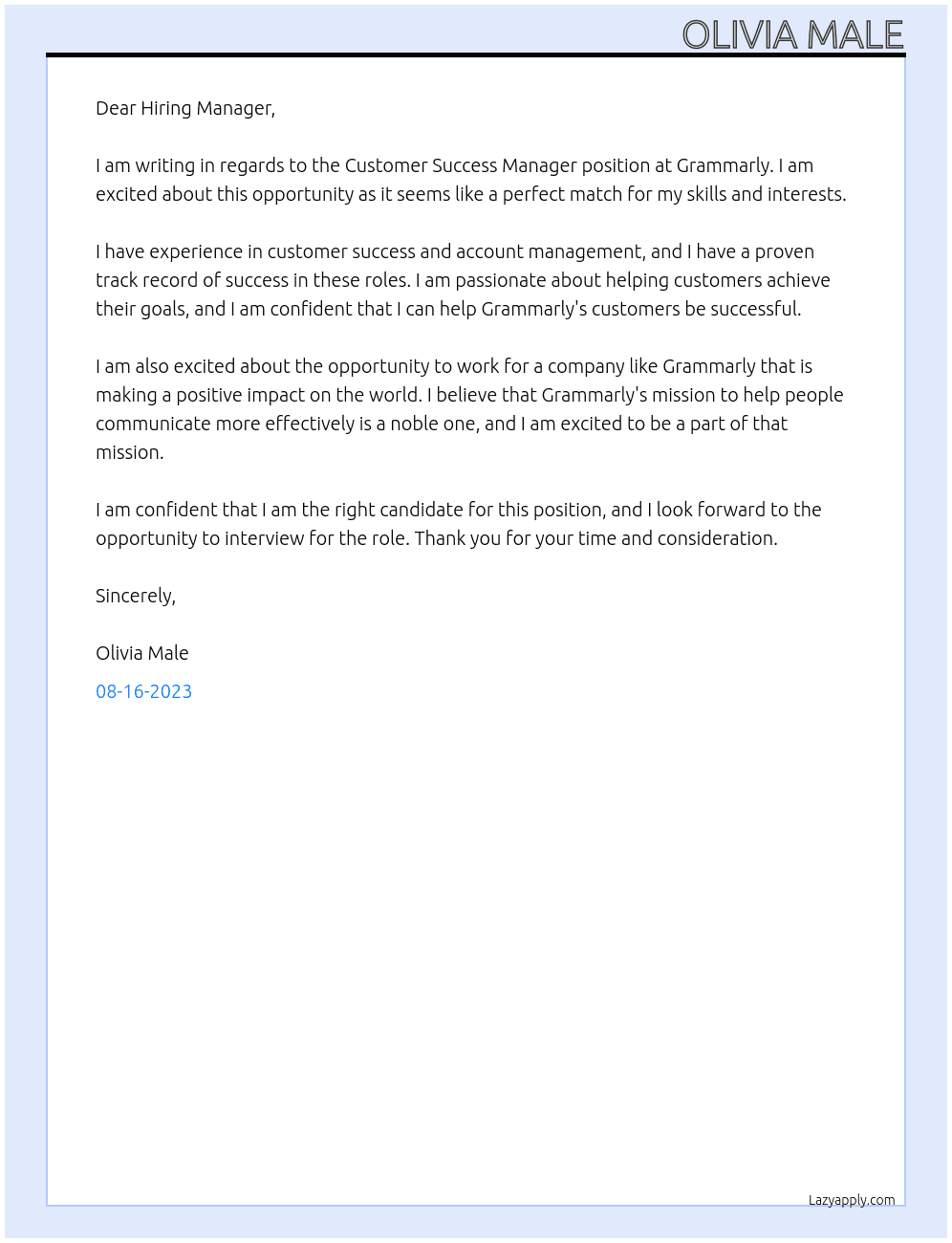 Customer Success Manager At Grammarly Cover Letter
